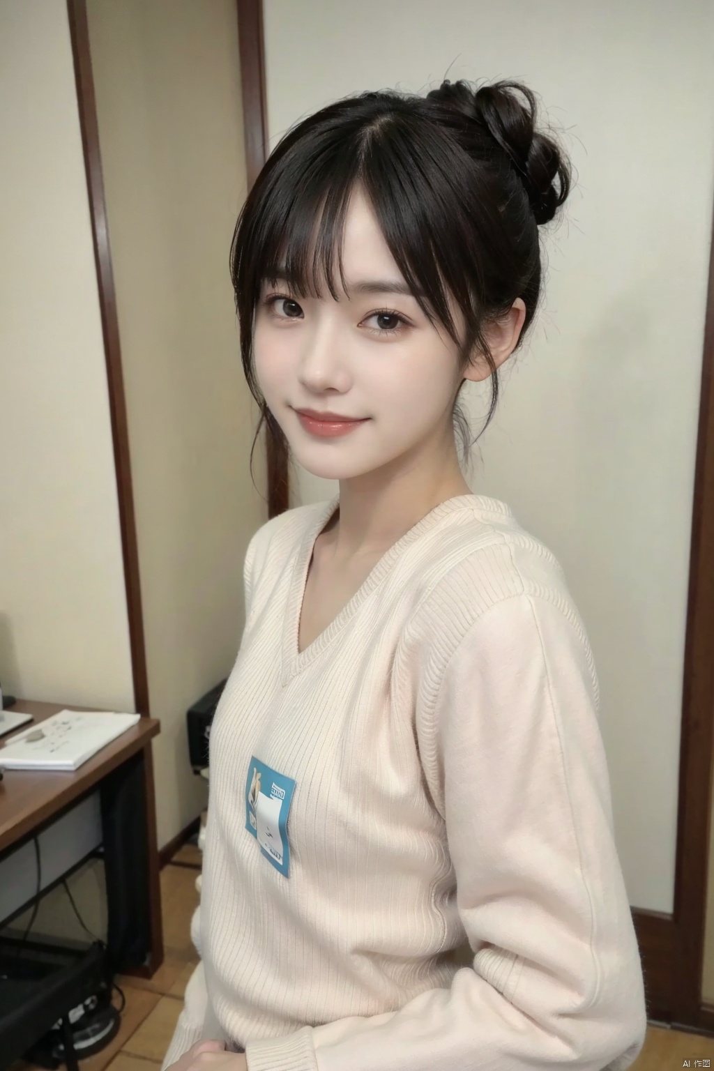  1girl,8k,,half updo,smile,upper_body,
office,