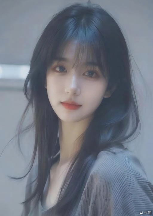 1girl, solo, long hair, looking at viewer, smile, bangs, shirt, black hair, closed mouth, upper body, black eyes, sweater, lips, blue shirt, realistic,red lips,gray background, 1 girl<lora:EMS-332308-EMS:1.000000>