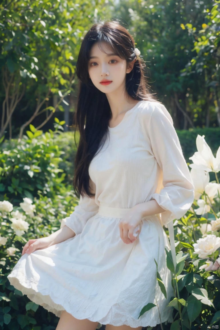 masterpiece, 1 girl, Maiden, Look at me, Lovely, Long hair, Black hair, Outdoor, Garden, Soft light, Angel, White broken flower skirt, Huge flowers, textured skin, super detail, best quality, 8k, Light master, 1girl<lora:EMS-332308-EMS:1.000000>