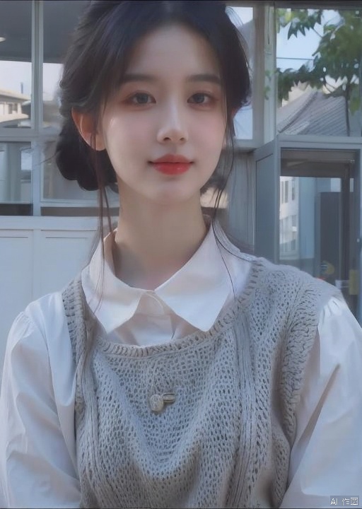 1girl, solo, looking at viewer, smile, shirt, black hair, closed mouth, white shirt, upper body, outdoors, day, collared shirt, necklace, hair bun, black eyes, sweater, lips, single hair bun, building, realistic<lora:EMS-332308-EMS:1.000000>