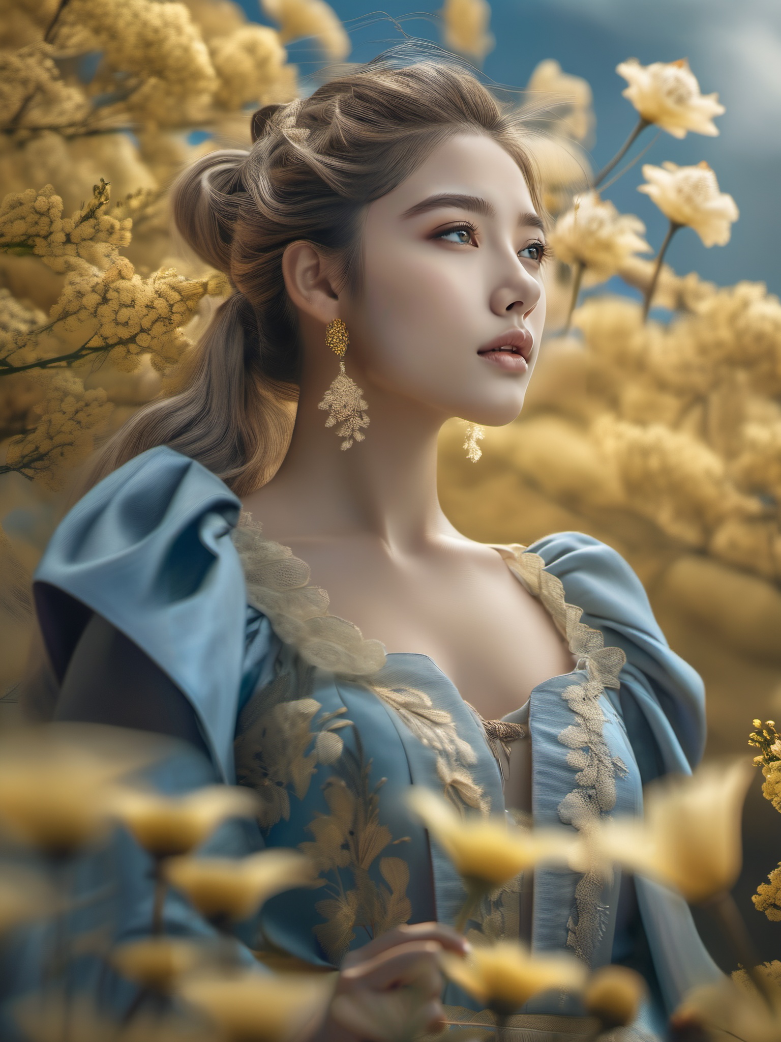 super fine illustration,masterpiece,best quality,dynamic_angle,{beautiful detailed eyes},1girl,finely detail,Depth of field,4k wallpaper,bluesky,cumulus,wind,insanely detailed frills,extremely detailed lace,BLUE SKY,very long hair,Slightly open mouth,high ponytail,silver hair,small Breasts,cumulonimbus capillatus,slender waist,There are many scattered luminous petals,Hidden in the light yellow flowers,Depth of field,She bowed her head in frustration,Many flying drops of water,Upper body exposed,Many scattered leaves,branch,angle,contour deepening,cinematic angle,{{{Classic decorative border}}},<lora:lora:0.8>,
