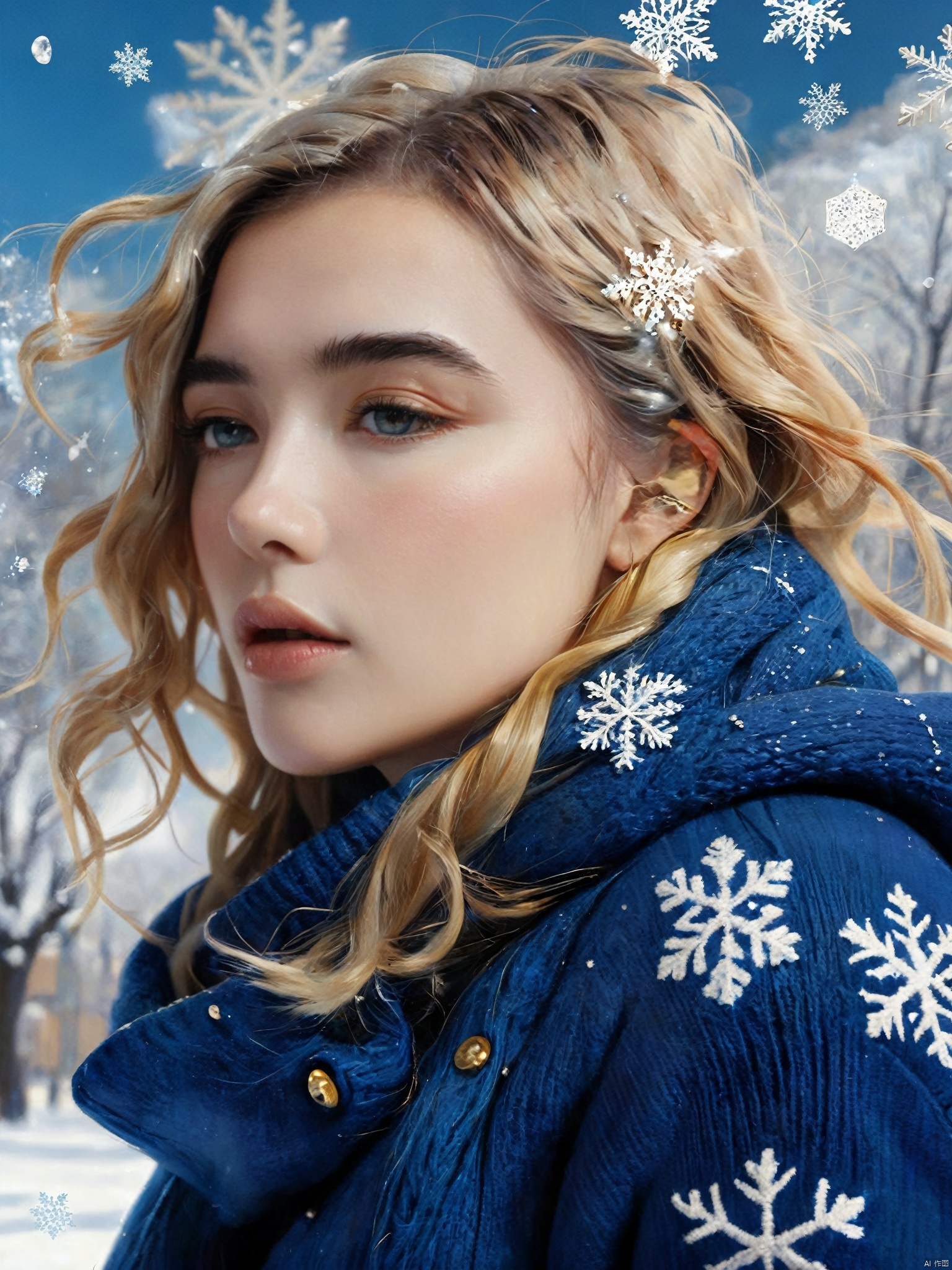 1girl, chloe_pugh,moments stretch and twist, turning a hurried walk into an eternity of swirling flakes. (masterpiece, detailed artwork), Snowflakes,1girl, golden eyes, sleepy, blush, (detailed lips), (cute winter coat, knitted winter coat), layla, twin drills, drill locks, blue hair, jewelry, sleepy eyes, Snow, snowflakes,masterpiece