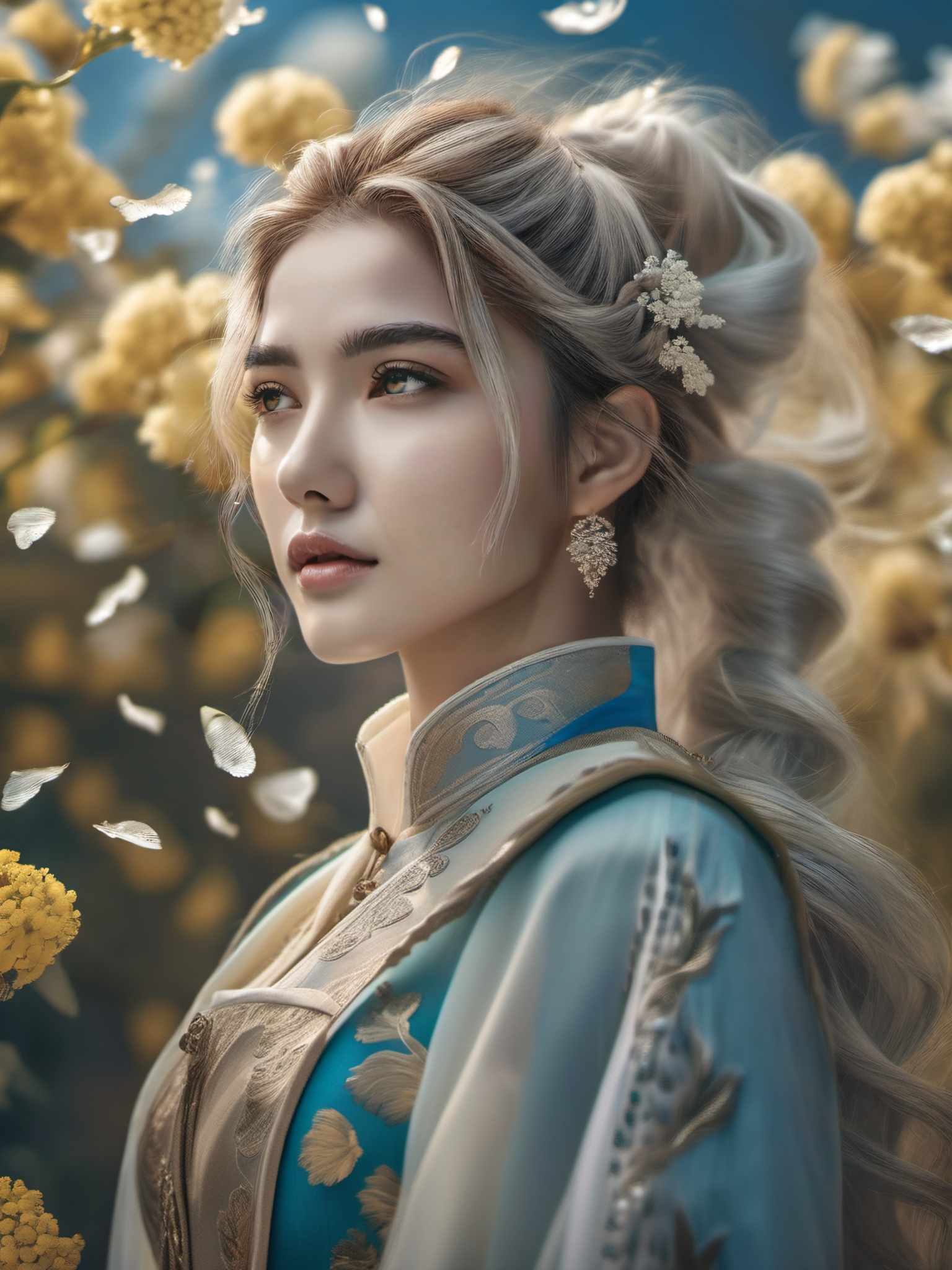 super fine illustration,masterpiece,best quality,dynamic_angle,{beautiful detailed eyes},1girl,finely detail,Depth of field,4k wallpaper,bluesky,cumulus,wind,insanely detailed frills,extremely detailed lace,BLUE SKY,very long hair,Slightly open mouth,high ponytail,silver hair,small Breasts,cumulonimbus capillatus,slender waist,There are many scattered luminous petals,Hidden in the light yellow flowers,Depth of field,She bowed her head in frustration,Many flying drops of water,Upper body exposed,Many scattered leaves,branch,angle,contour deepening,cinematic angle,{{{Classic decorative border}}},<lora:lora:0.8>,