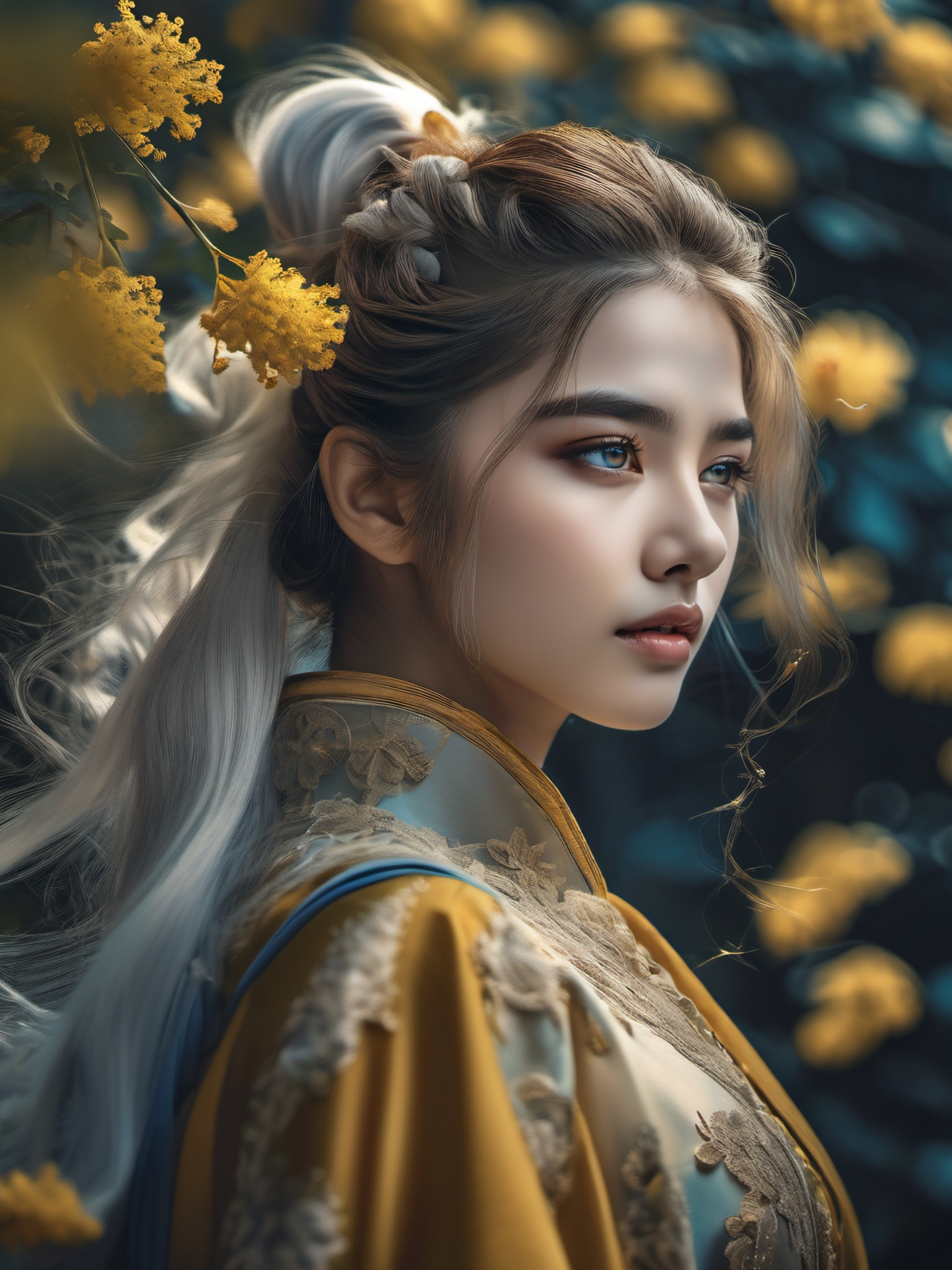 super fine illustration,masterpiece,best quality,dynamic_angle,{beautiful detailed eyes},1girl,finely detail,Depth of field,4k wallpaper,bluesky,cumulus,wind,insanely detailed frills,extremely detailed lace,BLUE SKY,very long hair,Slightly open mouth,high ponytail,silver hair,small Breasts,cumulonimbus capillatus,slender waist,There are many scattered luminous petals,Hidden in the light yellow flowers,Depth of field,She bowed her head in frustration,Many flying drops of water,Upper body exposed,Many scattered leaves,branch,angle,contour deepening,cinematic angle,{{{Classic decorative border}}},<lora:lora:0.8>,