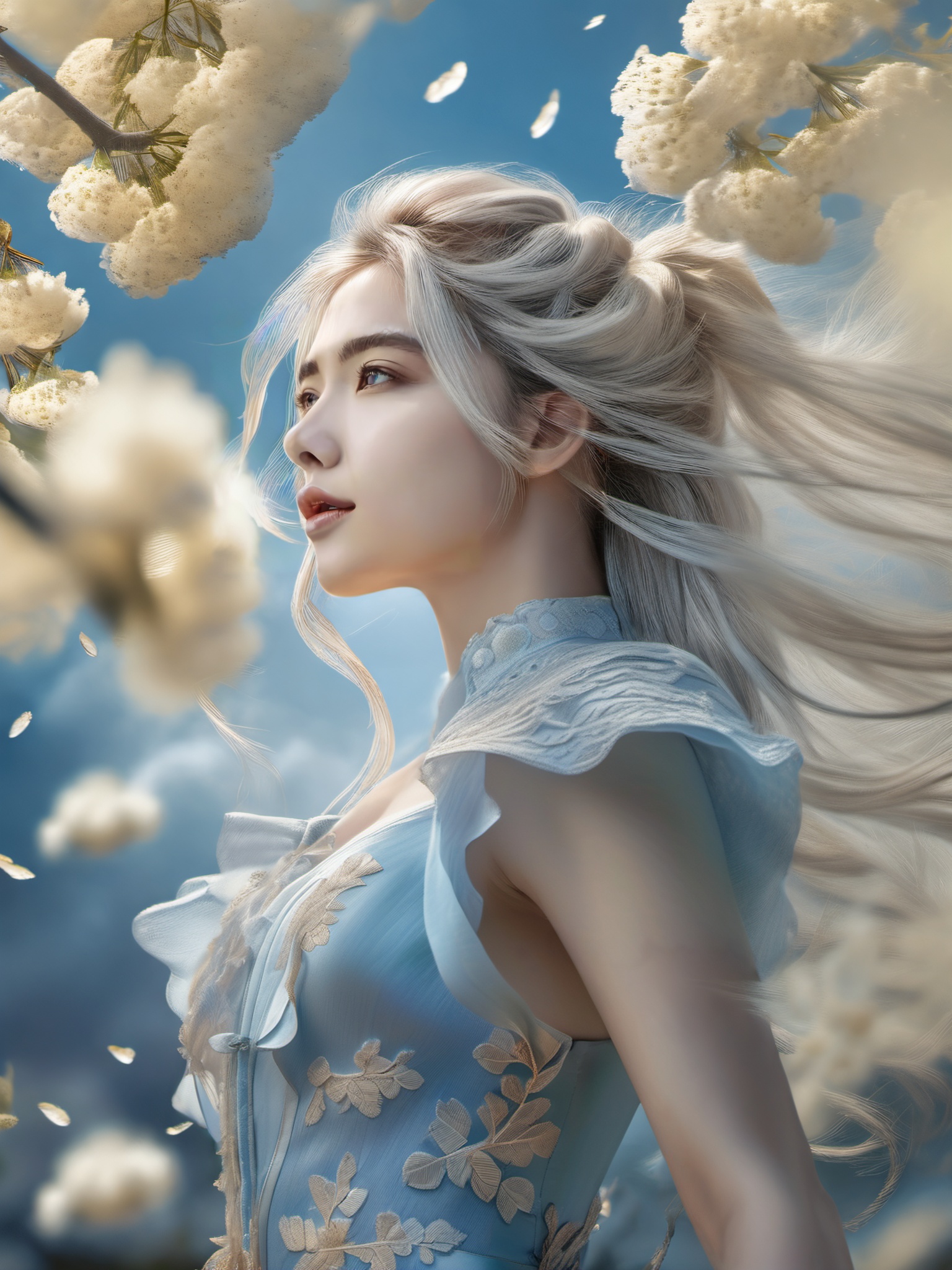 super fine illustration,masterpiece,best quality,dynamic_angle,{beautiful detailed eyes},1girl,finely detail,Depth of field,4k wallpaper,bluesky,cumulus,wind,insanely detailed frills,extremely detailed lace,BLUE SKY,very long hair,Slightly open mouth,high ponytail,silver hair,small Breasts,cumulonimbus capillatus,slender waist,There are many scattered luminous petals,Hidden in the light yellow flowers,Depth of field,She bowed her head in frustration,Many flying drops of water,Upper body exposed,Many scattered leaves,branch,angle,contour deepening,cinematic angle,{{{Classic decorative border}}},<lora:lora:0.8>,