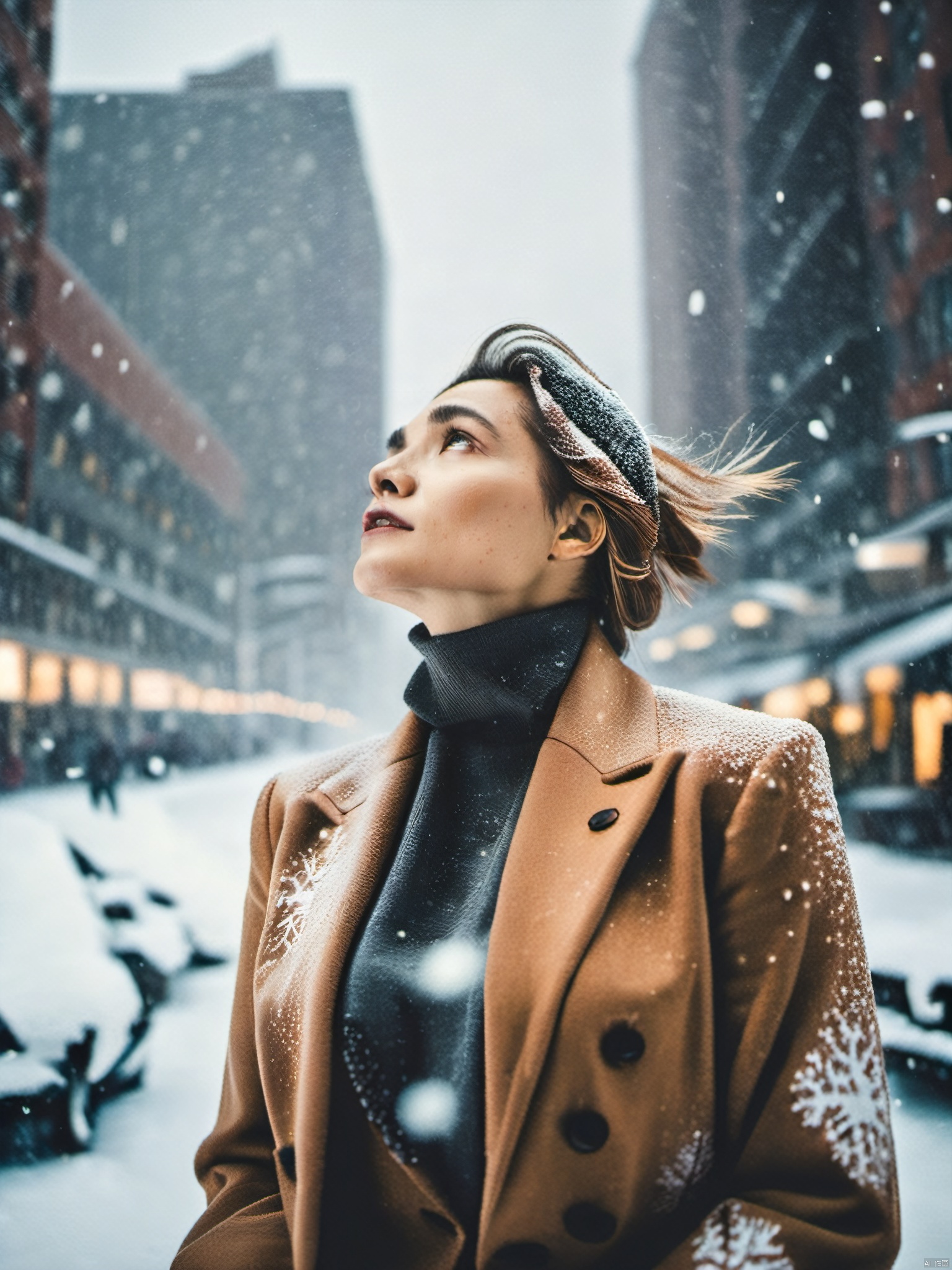 A woman, dynamic_angle,wearing a blazer, in the winter, in a sad city, looking up at the sky as snow is falling