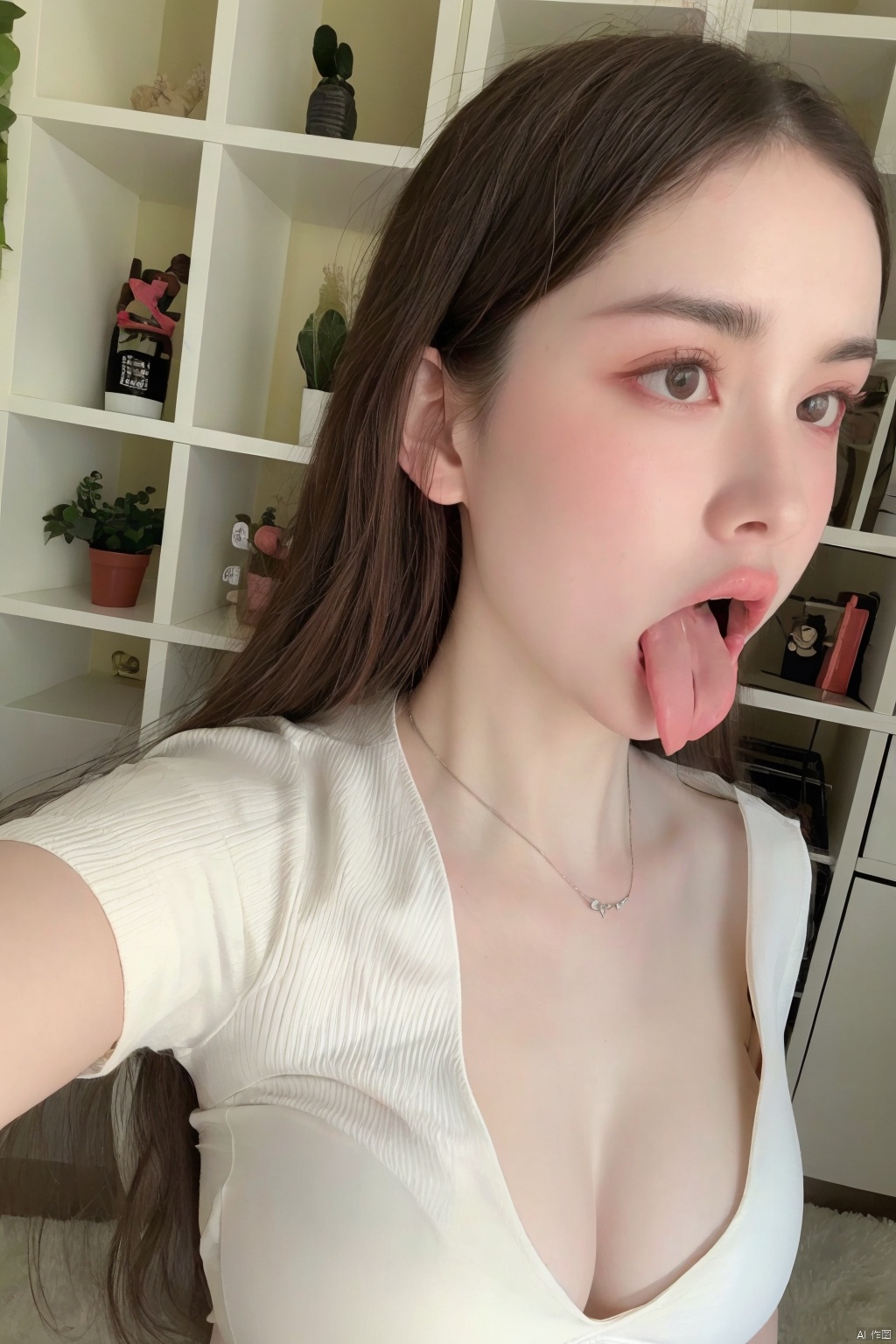 
solo

long hair

breasts

open mouth

brown hair

shirt

jewelry

medium breasts

nipples

tongue

tongue out

necklace

clothes lift

lips

grey eyes

shirt lift

striped shirt

realistic

selfie

, 1girl