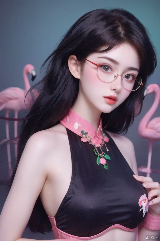 1 girl, emerald color eyes, wear red glasses, mature lady, big chest, flamingo in the back, copy character, change background, high_resolution, high_res, high details, High detailed, ,More Detail, EpicArt, fantasy00d, Detailedface