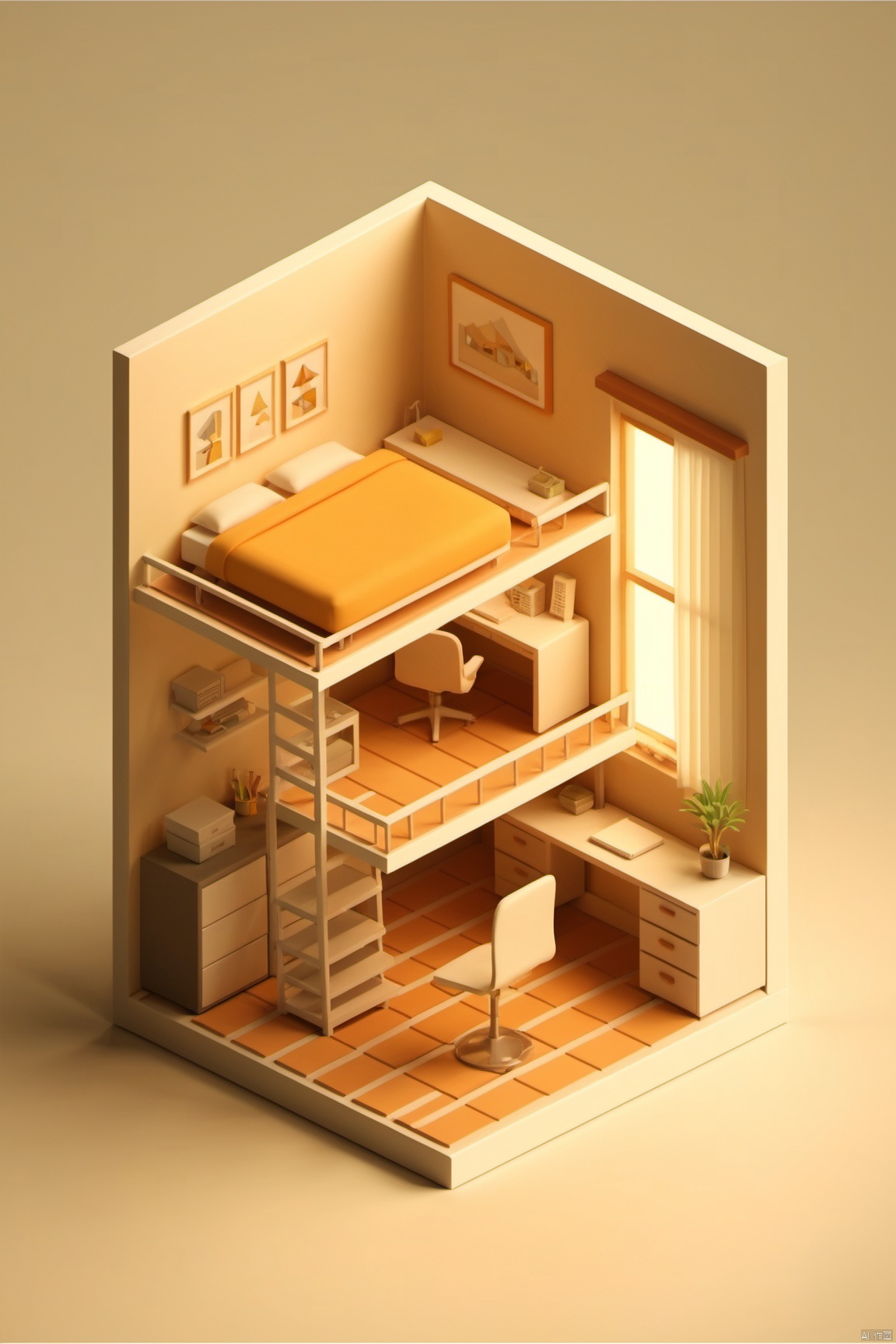  isometric building,modern furniture,cozy,home office,bedroom,lighting effectdetailed texture,no people,warm tone,,