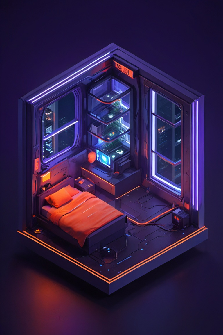 isometric building,a bedroom,neon lights,dim light,futuristic,orange light,cable,electricity,ornate,detail,windows with skyscrapers,science fiction,blue purple neon,<lora:building-000012:0.8>,
