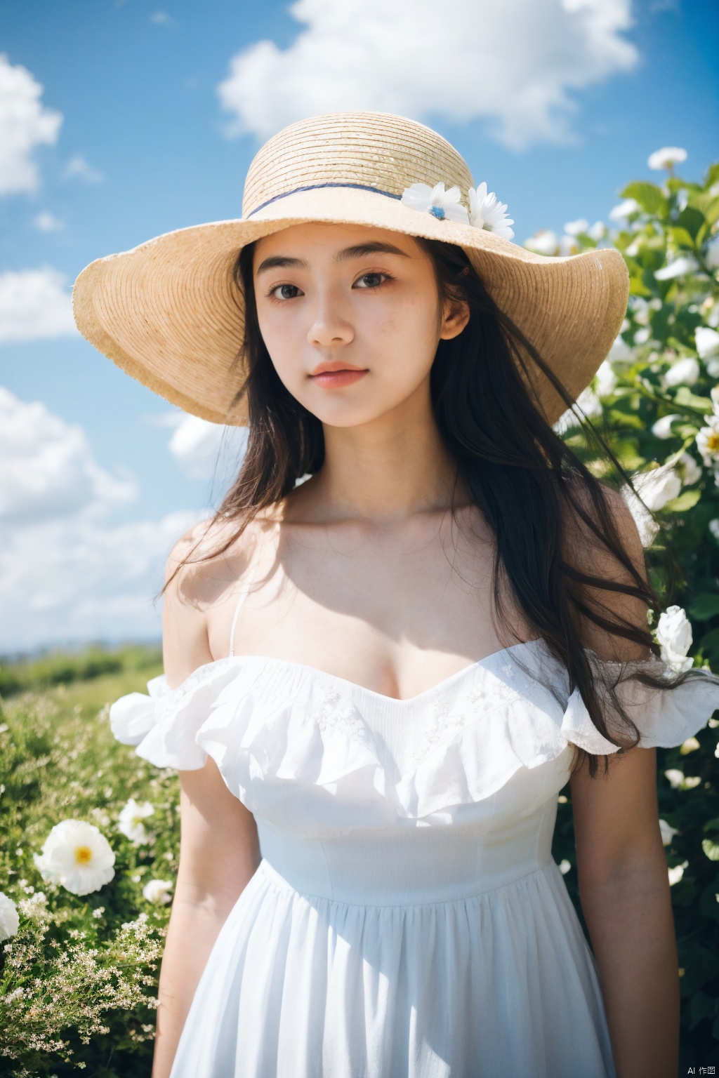 masterpiece, 1 girl, 18 years old, Look at me, long_hair, straw_hat, Wreath, petals, Big breasts, Light blue sky, Clouds, hat_flower, jewelry, Stand, outdoors, Garden, falling_petals, White dress, textured skin, super detail, best quality, HUBG_Rococo_Style(loanword), 