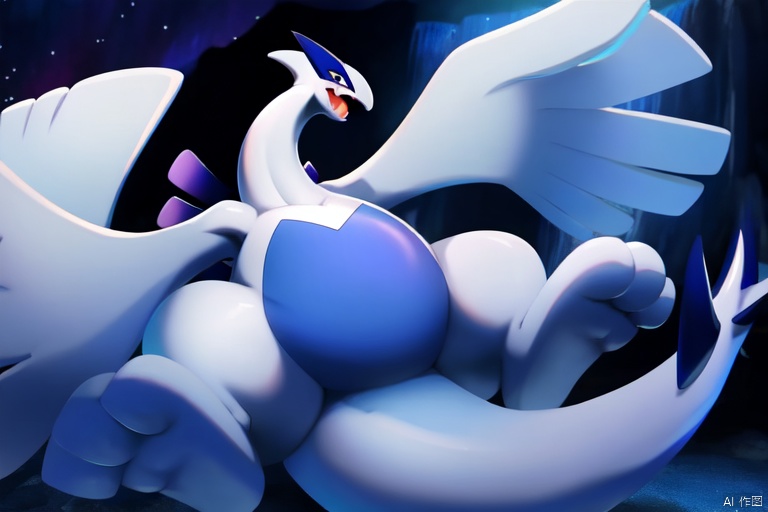 masterpiece,4K,lugia,pokemon \(creature\,lugia,Light blue belly,Blue tail fin,Wings are like a huge hand,3 toes,five fingers,