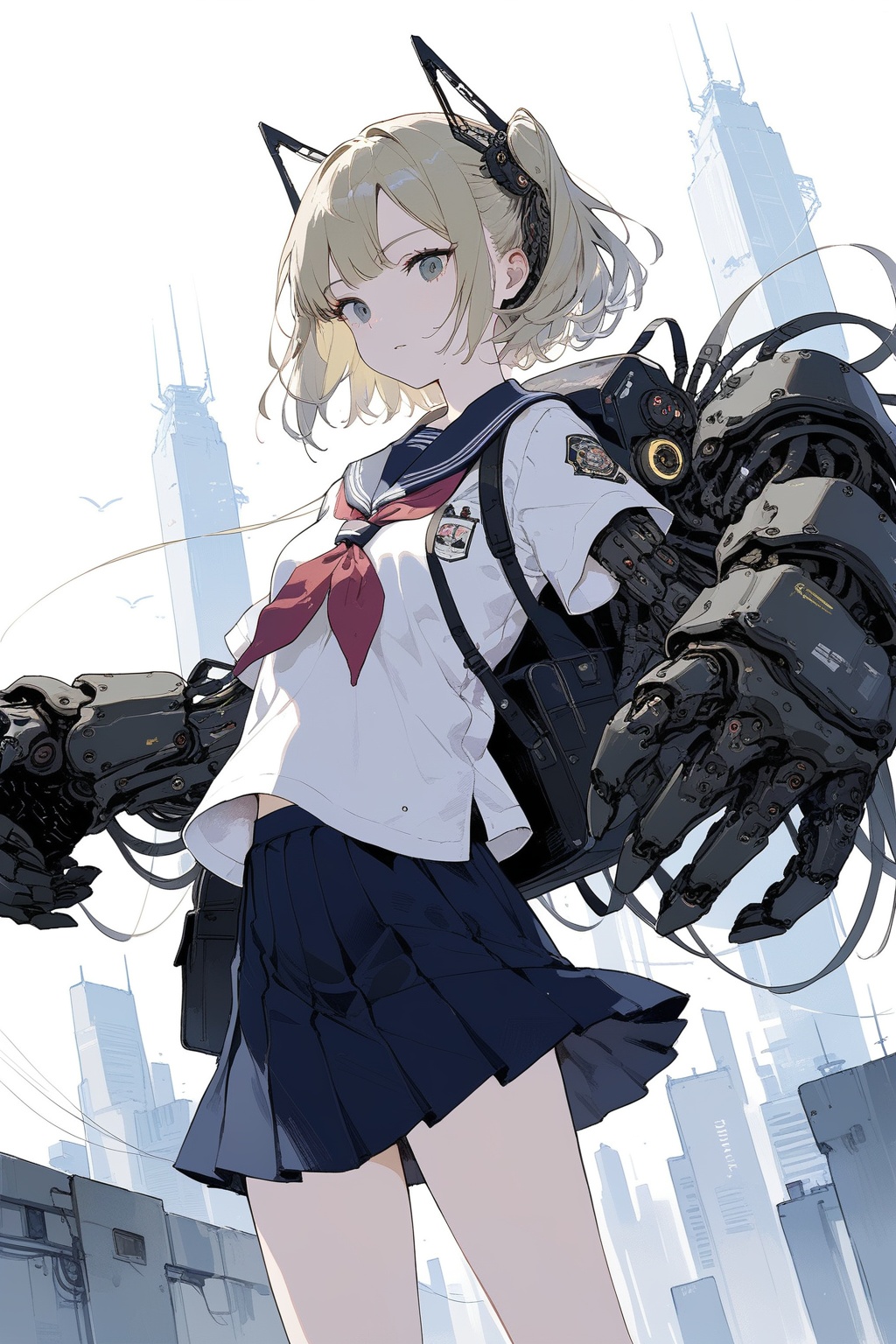 large mechanical arms, 1girl, cyberpunk, science fiction, city, cowboy shot, serafuku, school uniform,
masterpiece, best quality, aesthetic, 