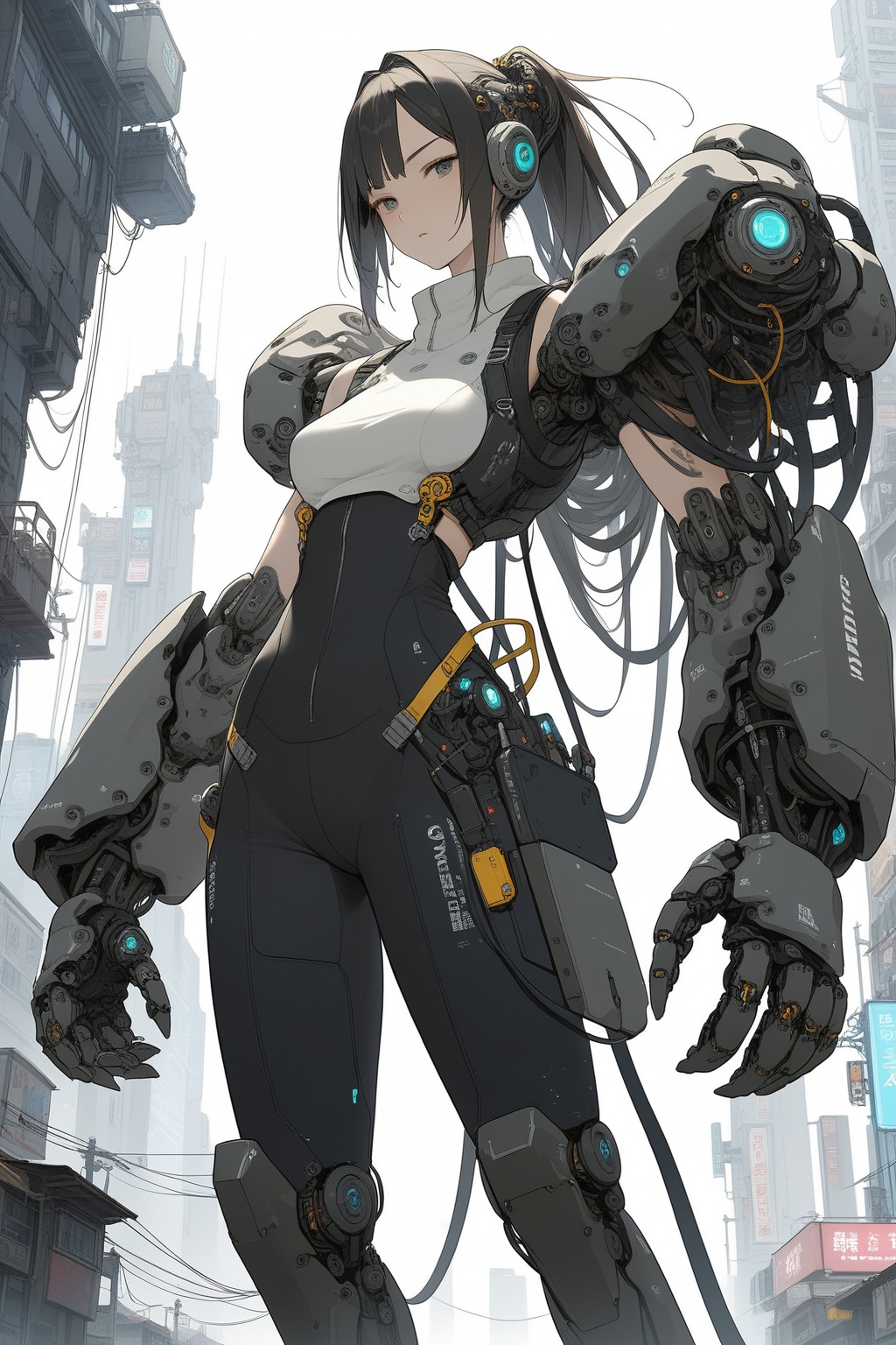 large mechanical arms, 1girl, cyberpunk, science fiction, city, cowboy shot, 
masterpiece, best quality, aesthetic, 