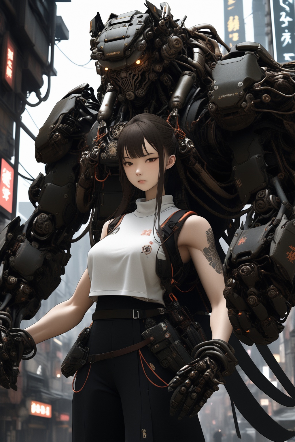 large mechanical arms, 1girl, samurai, cyberpunk, science fiction, city, upper body, (large arms:1.4),
masterpiece, best quality, aesthetic,