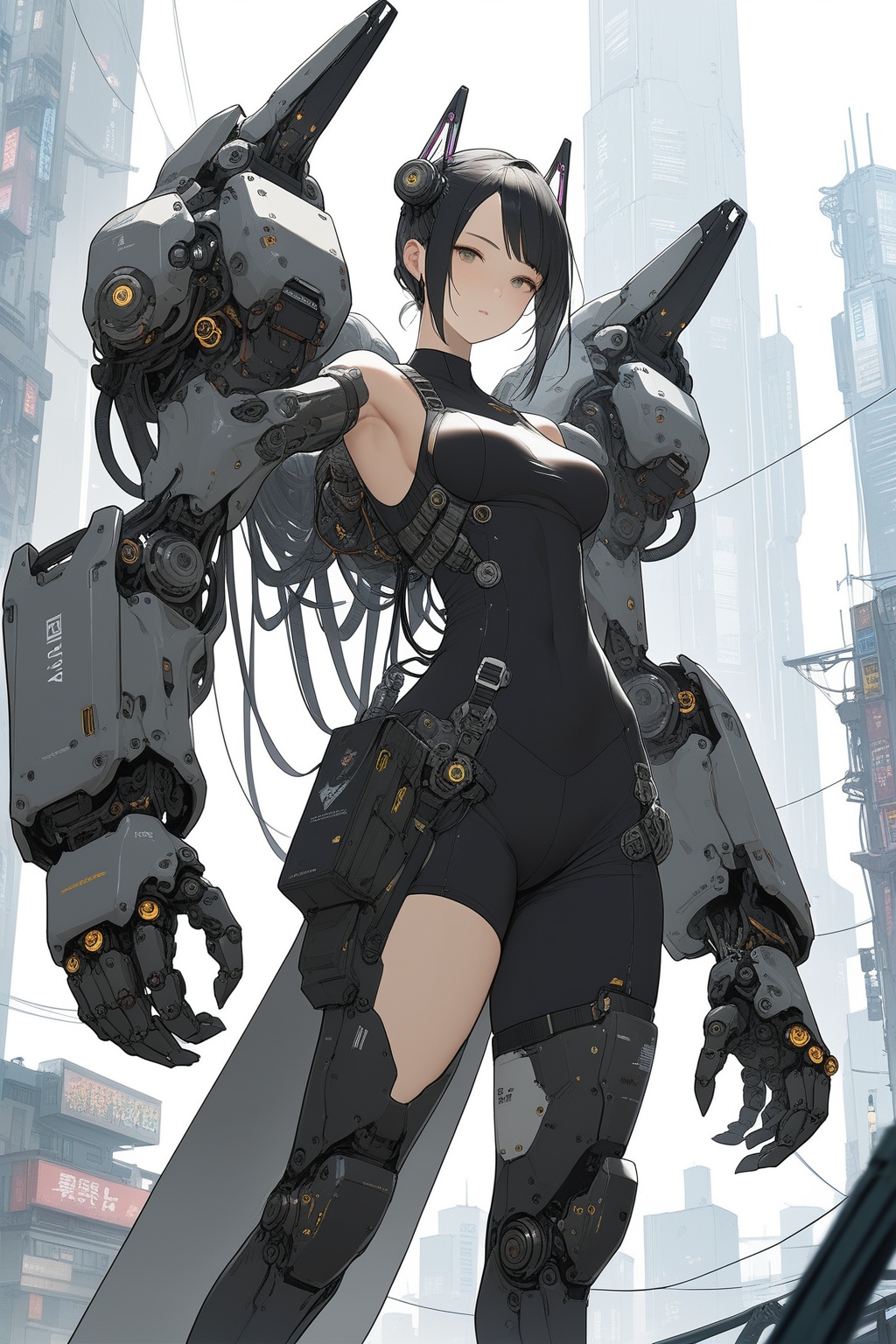 large mechanical arms, 1girl, cyberpunk, science fiction, city, cowboy shot, 
masterpiece, best quality, aesthetic, 