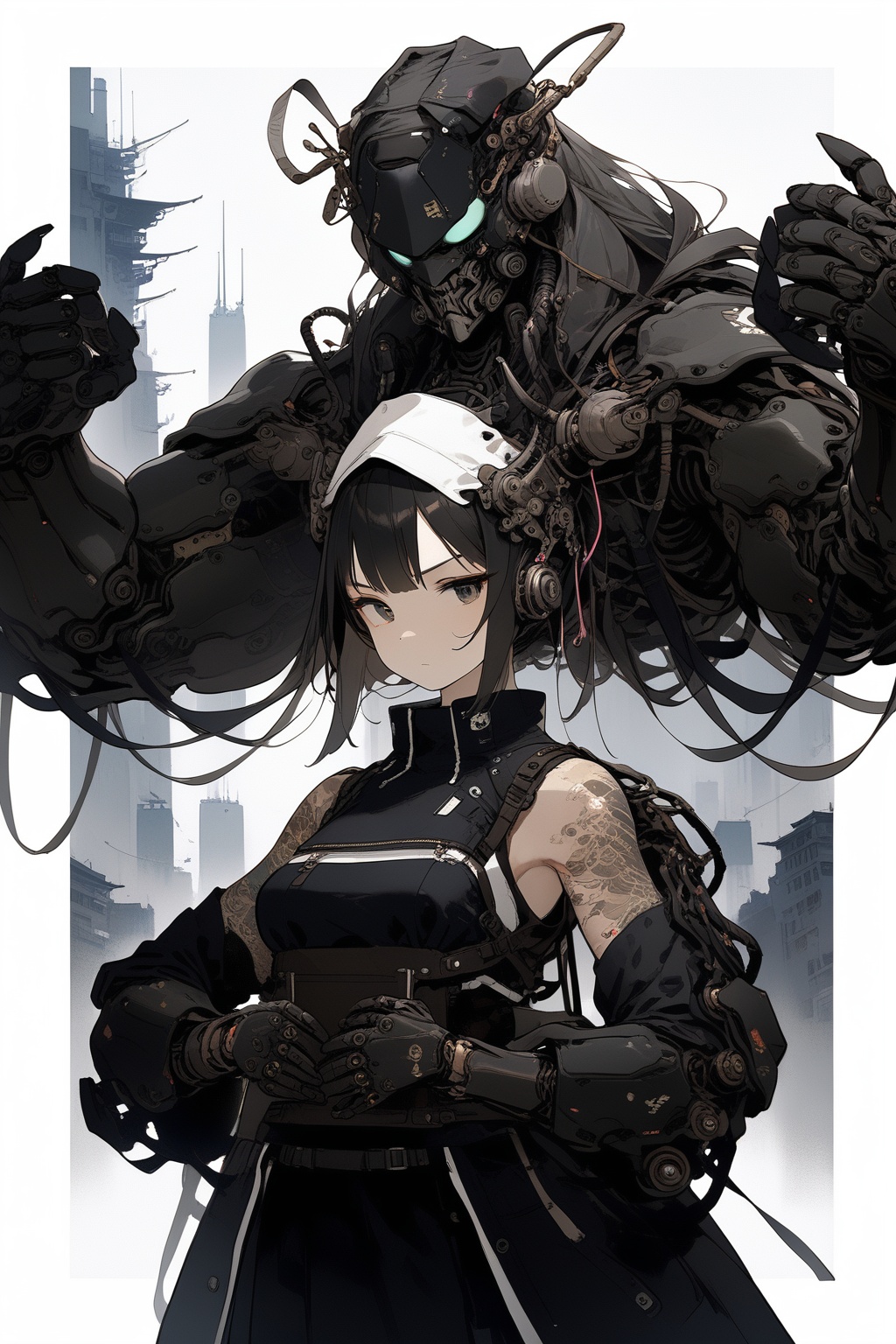large mechanical arms, 1girl, samurai, cyberpunk, science fiction, city, upper body, (large arms:1.4),
masterpiece, best quality, aesthetic,