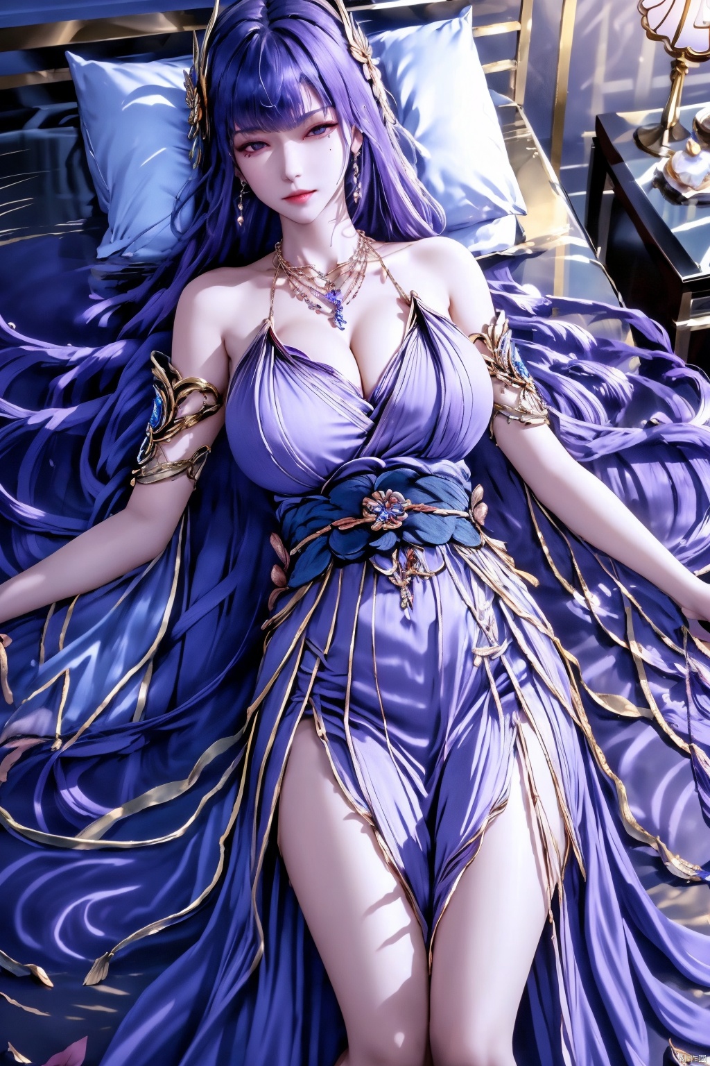 1girl,solo,long hair,breasts,looking at viewer,bangs,large breastshair ornament,dress,cleavage,bare shoulders,jewelry,very long hair,purple eyes,purple hair,flower,earrings,lying,alternate costume,indoors,on back,necklace,mole,pillow,mole under eye,bed,on bed,purple dress,armlet,raiden shogun,, jmai
