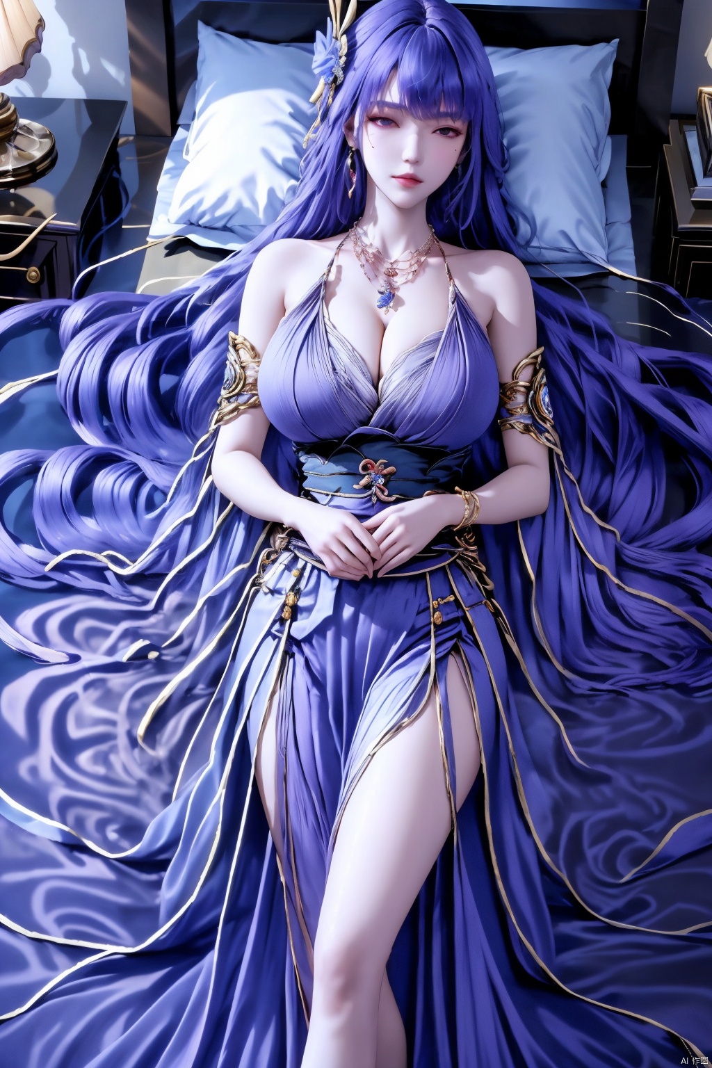 1girl,solo,long hair,breasts,looking at viewer,bangs,large breastshair ornament,purple dress,cleavage,bare shoulders,jewelry,very long hair,purple eyes,purple hair,flower,earrings,lying,alternate costume,indoors,on back,necklace,mole,pillow,mole under eye,bed,on bed,purple dress,armlet,raiden shogun,, jmai