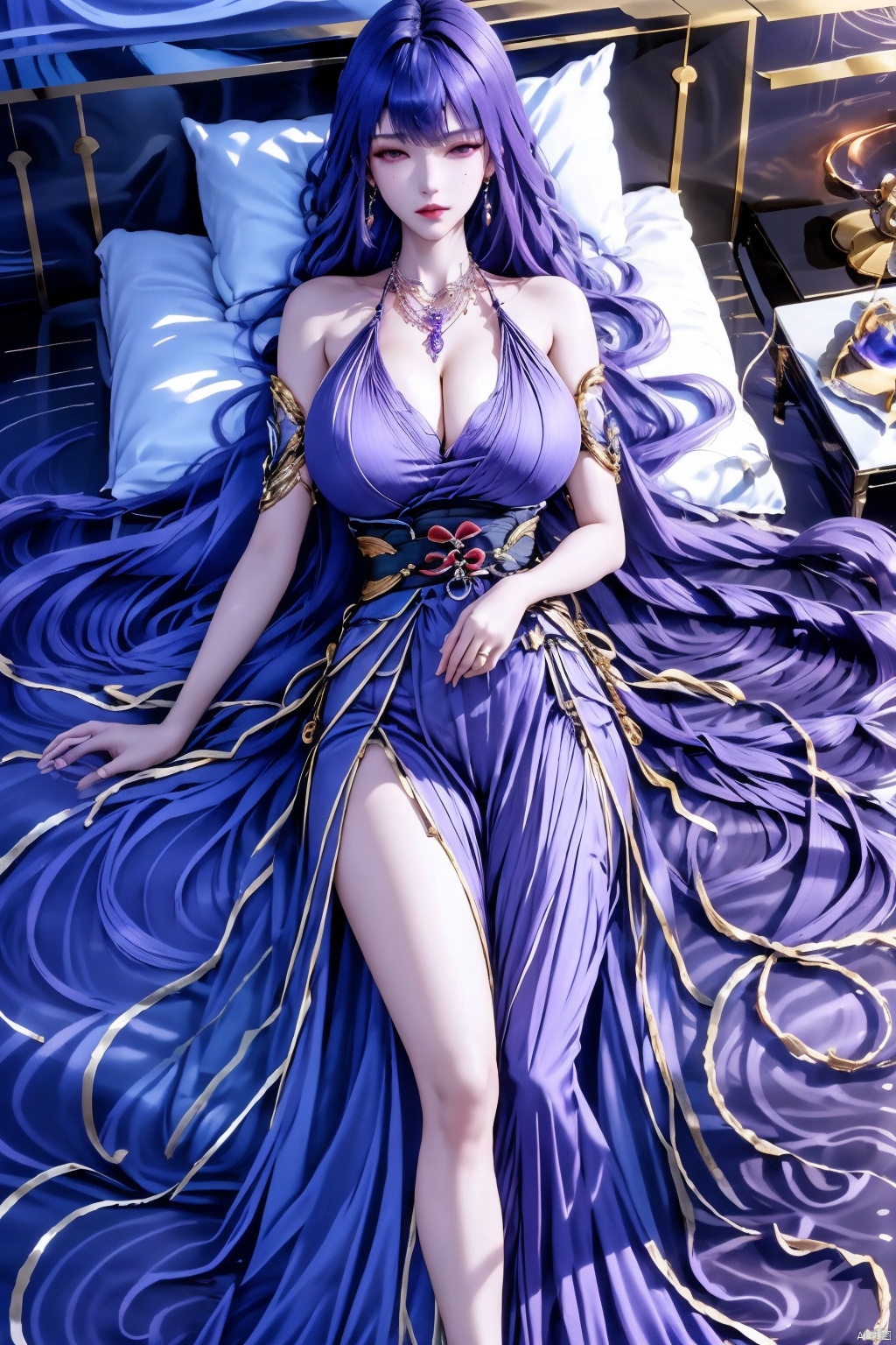1girl,solo,long hair,breasts,looking at viewer,bangs,large breastshair ornament,purple dress,cleavage,bare shoulders,jewelry,very long hair,purple eyes,purple hair,flower,earrings,lying,alternate costume,indoors,on back,necklace,mole,pillow,mole under eye,bed,on bed,purple dress,armlet,raiden shogun,, jmai