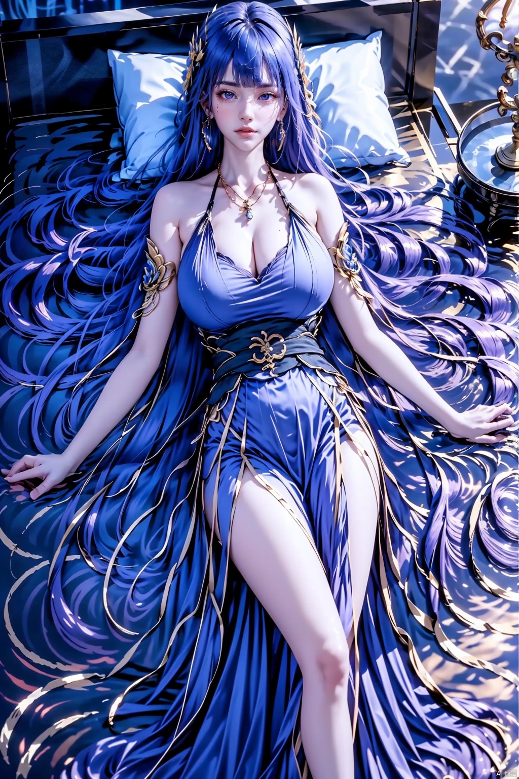 1girl,solo,long hair,breasts,looking at viewer,bangs,large breastshair ornament,dress,cleavage,bare shoulders,jewelry,very long hair,purple eyes,purple hair,flower,earrings,lying,alternate costume,indoors,on back,necklace,mole,pillow,mole under eye,bed,on bed,purple dress,armlet,raiden shogun,