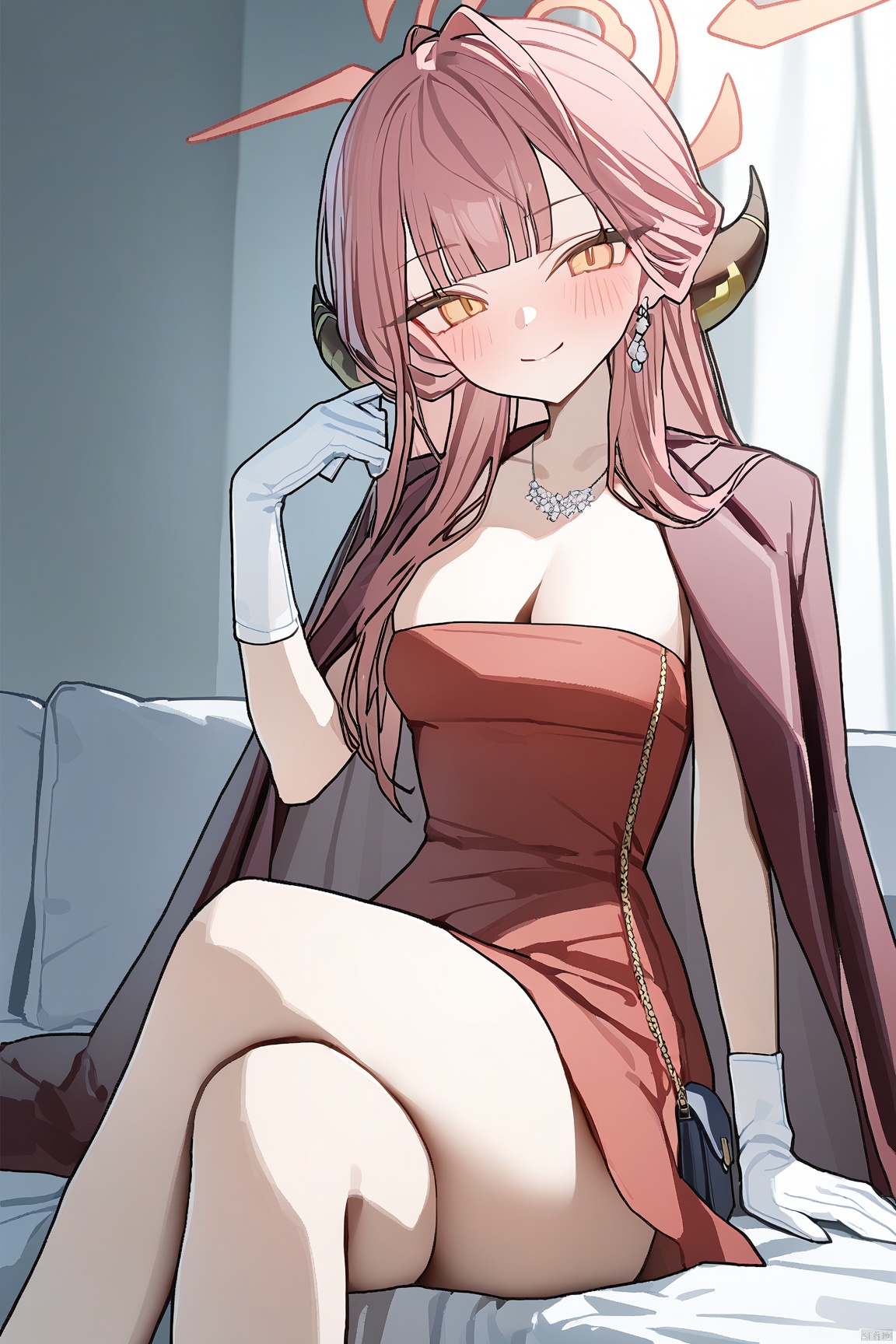 ningen mame, 1girl,(masterpiece:1.3),( beautiful:1.2),(high quality:1.2),(finely detailed:1.2),extremely detailed CG unity 8k wallpaper,best quality,a very delicate and beautiful,perfect fingers,(one cute girl at the center:1.2),smile,looking_at_viewer,blush,bed_sheets,indoors,
gloves, dress, jewelry, collarbone, jacket, earrings, elbow gloves, white gloves, blunt bangs, necklace, bag, coat, strapless, red dress, handbag, coat on shoulders, aruDress,aru \(blue archive\),long hair,bangs,yelloweyes,pinkhair,horns,halo,aruBA, medium breast, cleavage,dark red jacket,cowboy_shot, crossed_legs_(sitting), thighs,aruKimono