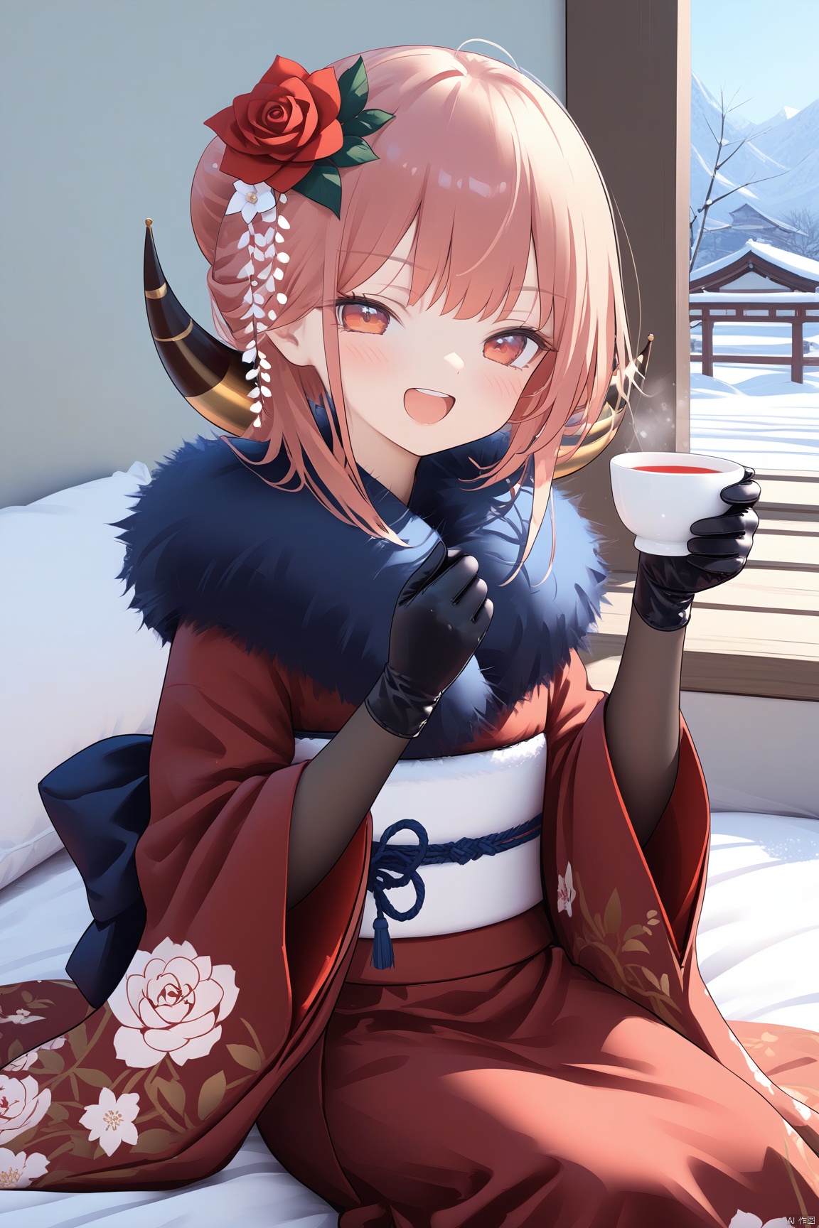  1girl,(masterpiece:1.3),( beautiful:1.2),(high quality:1.2),(finely detailed:1.2),extremely detailed CG unity 8k wallpaper,best quality,a very delicate and beautiful,perfect fingers,(one cute girl at the center:1.2),smile,looking_at_viewer,blush,bed_sheets,indoors,
hair ornament, gloves, long sleeves, flower, japanese clothes, black gloves, hair flower, wide sleeves, kimono, official alternate costume, cup, sash, fur trim, rose, obi, floral print, fur collar, dark red kimono, sakazuki, lacegloves, aru\(bluearchive\), aruKimono,aruBA,outdoors,winter,snow,open_mouth,motion_line,embarassed,upper_teeth