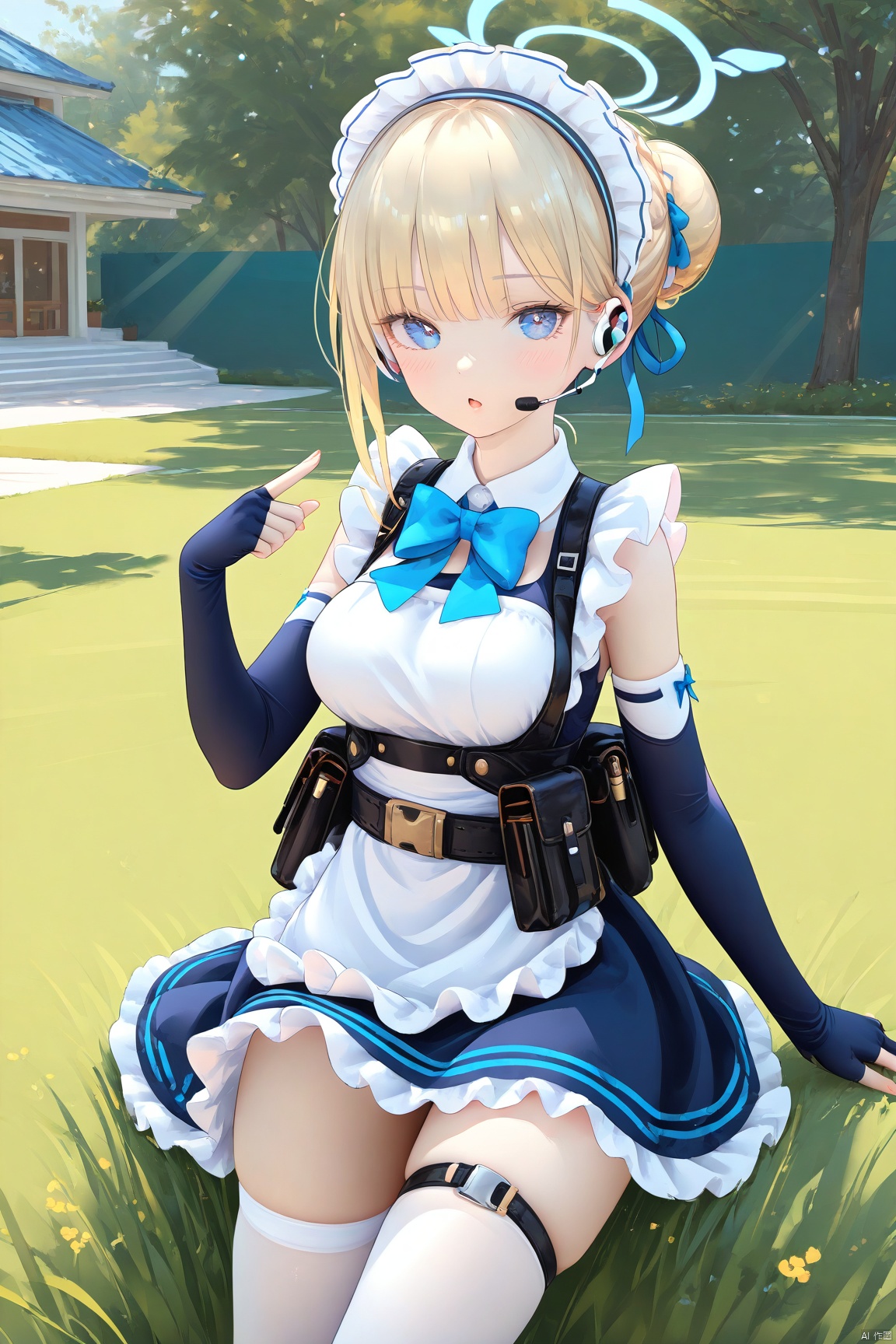  1girl,solo,(masterpiece:1.3),( beautiful:1.2),(high quality:1.2),(finely detailed:1.2),extremely detailed cg unity 8k wallpaper,best quality,a very delicate and beautiful,perfect fingers,(one cute girl at the center:1.2),

 looking_at_viewer,short sleeves, thighhighs, gloves,dress, bow, thighs, frills, black gloves, elbow gloves, fingerless gloves, bowtie,apron,maid, maid headdress, thigh strap, blue bow, maid apron, headset, pouch, blue bowtie, holster, harness, thigh holster, chestharness,earpiece, blond_hair,

breasts, short hair, bangs, blue eyes, blonde hair,single hairbun,halo, blue halo,tokiba,

sunlight, lawn, school, blush, v,parted_lips
