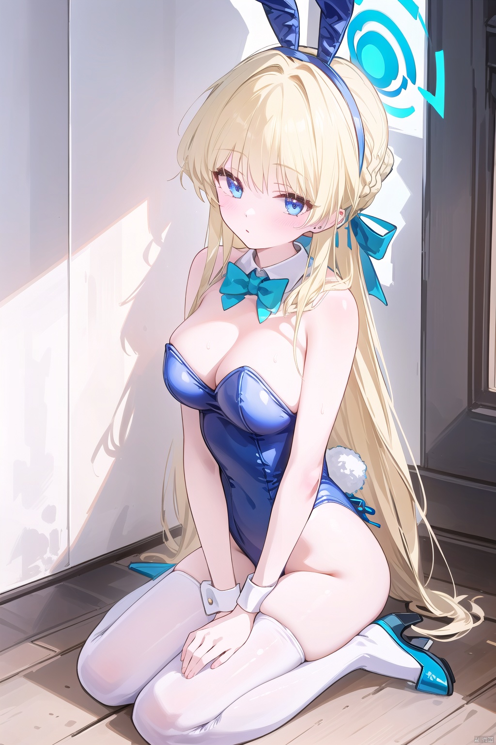  1girl,(masterpiece:1.3),( beautiful:1.2),(high quality:1.2),(finely detailed:1.2),extremely detailed CG unity 8k wallpaper,best quality,a very delicate and beautiful,perfect fingers,(one cute girl at the center:1.2),
long hair, thighhighs, bow, animal ears, bare shoulders, very long hair, braid, hair bow, hairband, bowtie, rabbit ears, white thighhighs, leotard, wrist cuffs, v, strapless, detached collar, fake animal ears, highleg, blue bow, hair intakes, playboy bunny, seiza, highleg leotard, strapless leotard, double v, blue bowtie, blue leotard, blue hairband,tokiBunny,breasts, bangs, blue eyes, blonde hair,tokiBA,white pantyhose,looking_at_viewer,