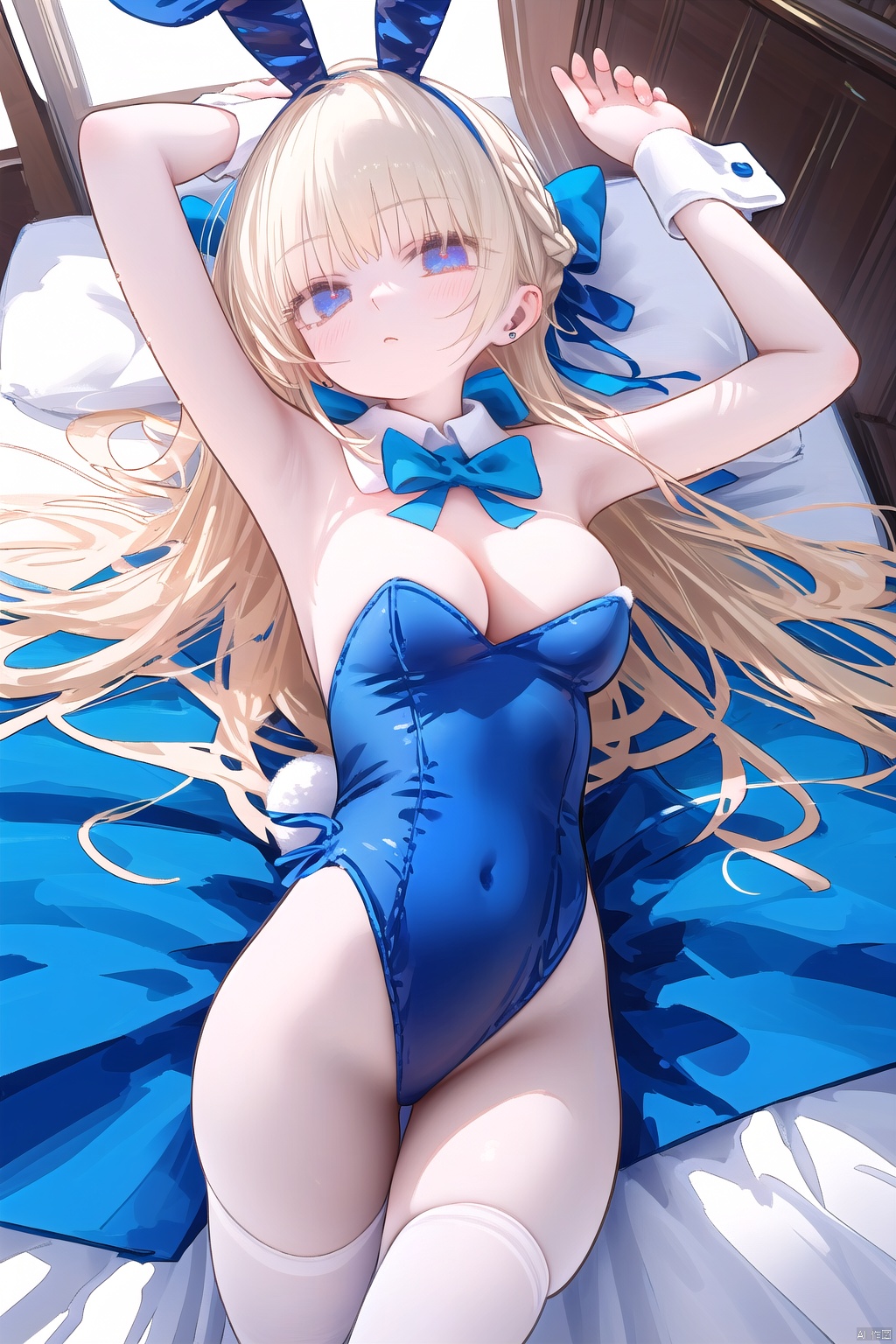  1girl,(masterpiece:1.3),( beautiful:1.2),(high quality:1.2),(finely detailed:1.2),extremely detailed CG unity 8k wallpaper,best quality,a very delicate and beautiful,perfect fingers,(one cute girl at the center:1.2),high_res,
long hair, thighhighs, bow, animal ears, off shoulders, very long hair, braid, hair bow, hairband, bowtie, rabbit ears, (white thighhighs:1.4), leotard, wrist cuffs, v, strapless, detached collar, fake animal ears, highleg, blue bow, hair intakes, playboy bunny, highleg leotard, strapless leotard, double v, blue bowtie, blue leotard, blue hairband,tokiBunny, tokiBA,
1girl, solo, looking at viewer, blush, bangs,cowboy shot, lying,  on back, arms up, bed_sheets,indoors,light,