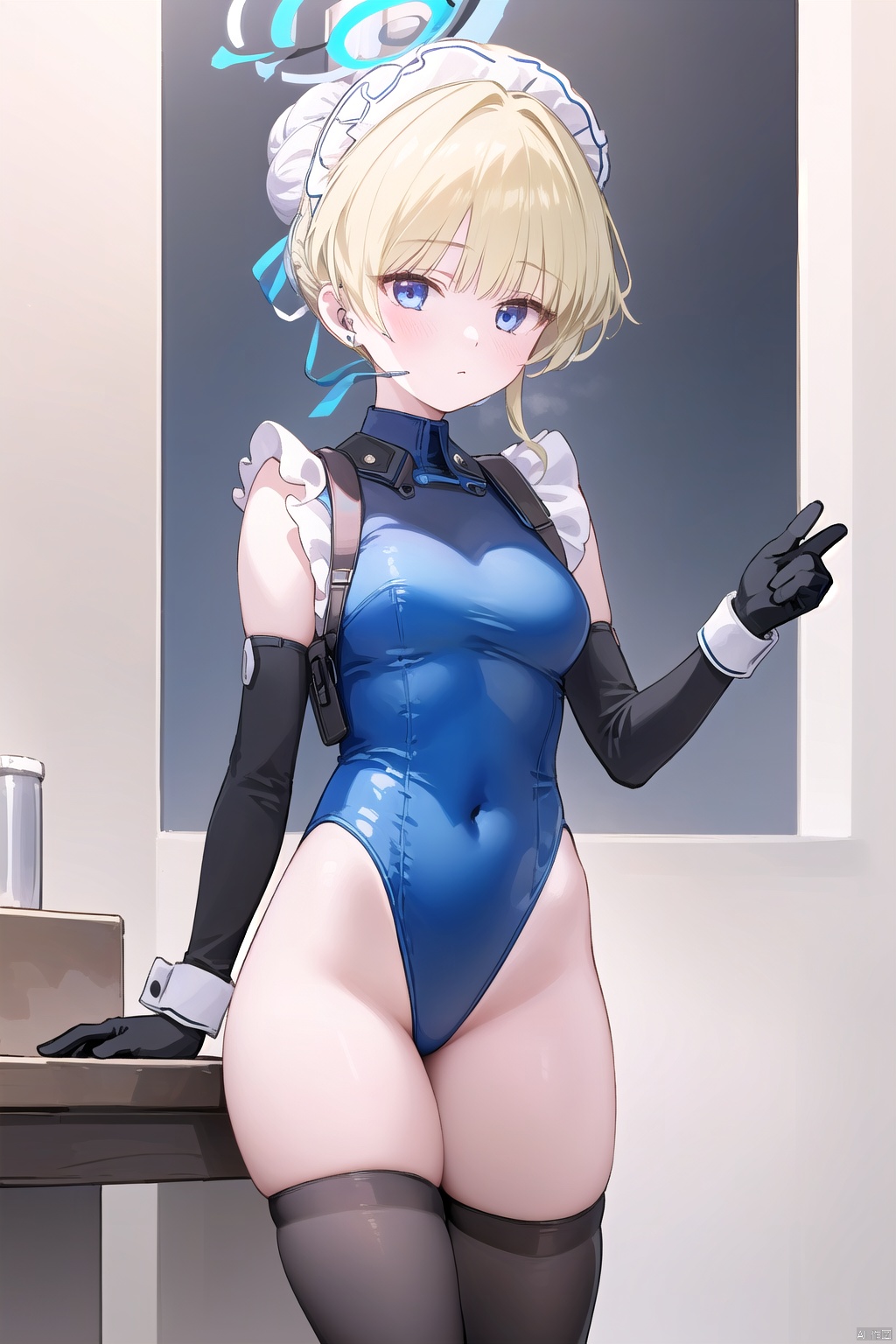  1girl,(masterpiece:1.3),( beautiful:1.2),(high quality:1.2),(finely detailed:1.2),extremely detailed CG unity 8k wallpaper,best quality,a very delicate and beautiful,perfect fingers,(one cute girl at the center:1.2),
thighhighs, gloves, bare shoulders, thighs, black gloves, elbow gloves, fingerless gloves, white thighhighs, leotard, maid headdress, covered navel, highleg, black leotard, highleg leotard, headset, sleeveless turtleneckleotard,tokiAbi,
breasts, short hair, bangs, blue eyes, blonde hair,single hairbun,halo,tokiBA
