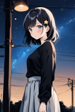 1girl, solo, long hair, breasts, looking at viewer, blush, bangs, blue eyes, skirt, shirt, black hair, hair ornament, long sleeves, standing, cowboy shot, pleated skirt, outdoors, parted lips, sky, medium hair, star \(symbol\), from side, looking to the side, black shirt, night, white skirt, star \(sky\), night sky, starry sky, star hair ornament, shirt tucked in, power lines, lamppost