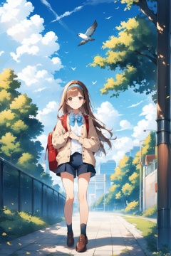 1girl, solo, long hair, looking at viewer, bangs, brown hair, shirt, long sleeves, bow, holding, brown eyes, closed mouth, school uniform, standing, jacket, white shirt, cowboy shot, hairband, outdoors, open clothes, sky, shorts, day, cloud, hood, bowtie, bag, tree, blue sky, book, bird, blue bow, backpack, cardigan, holding book, blue bowtie,full body