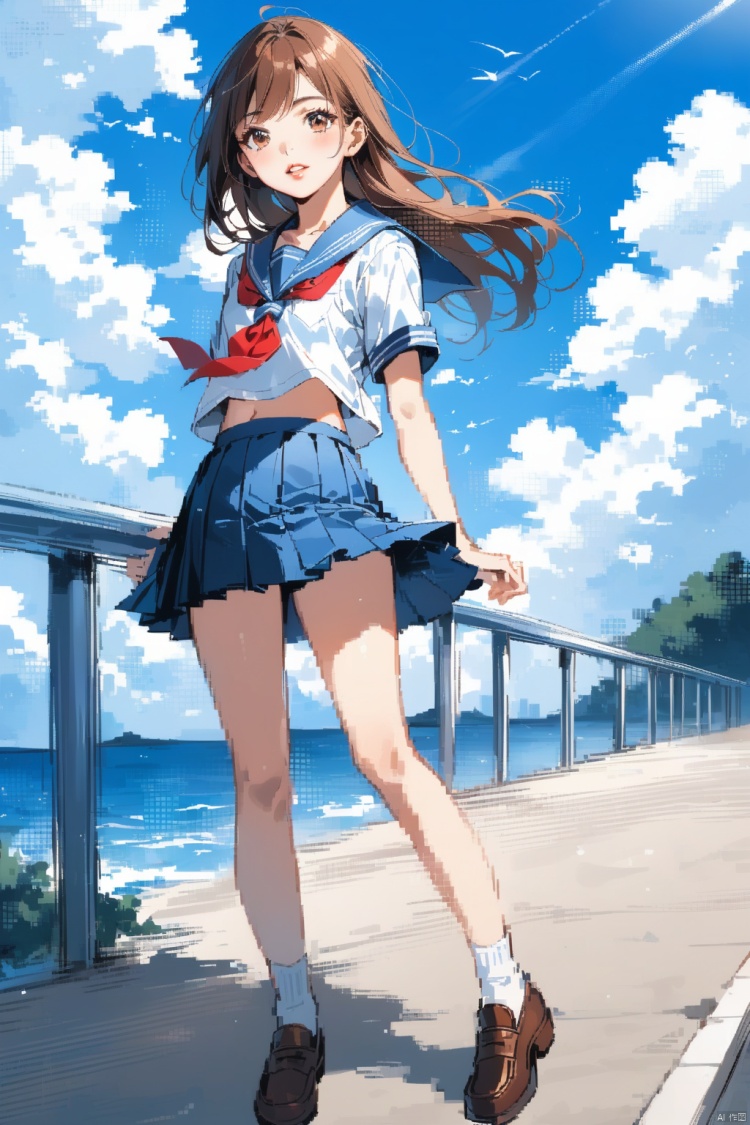 full body,1girl, solo, long hair, looking at viewer, skirt, brown hair, shirt, brown eyes, school uniform, standing, white shirt, short sleeves, pleated skirt, outdoors, parted lips, sky, teeth, serafuku, day, cloud, sailor collar, blue sky, lips, blue skirt, neckerchief, sunlight, blue sailor collar, wind, red neckerchief, railing, midriff peek