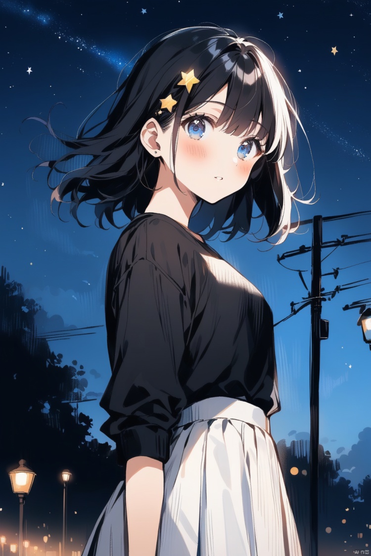 1girl, solo, long hair, breasts, looking at viewer, blush, bangs, blue eyes, skirt, shirt, black hair, hair ornament, long sleeves, standing, cowboy shot, pleated skirt, outdoors, parted lips, sky, medium hair, star \(symbol\), from side, looking to the side, black shirt, night, white skirt, star \(sky\), night sky, starry sky, star hair ornament, shirt tucked in, power lines, lamppost