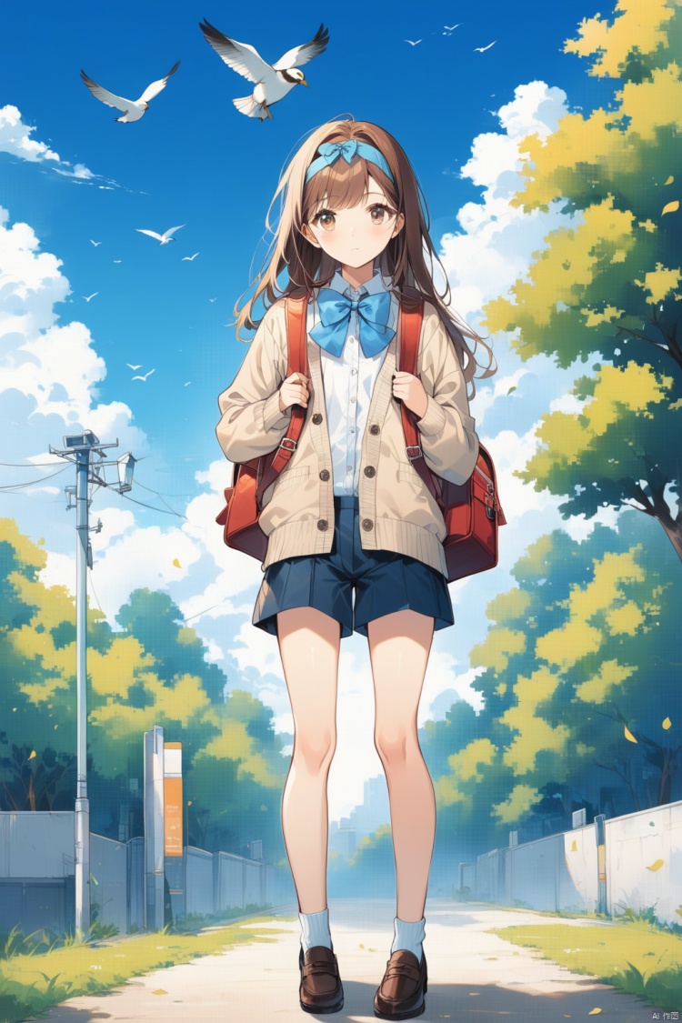 1girl, solo, long hair, looking at viewer, bangs, brown hair, shirt, long sleeves, bow, holding, brown eyes, closed mouth, school uniform, standing, jacket, white shirt, cowboy shot, hairband, outdoors, open clothes, sky, shorts, day, cloud, hood, bowtie, bag, tree, blue sky, book, bird, blue bow, backpack, cardigan, holding book, blue bowtie,full body