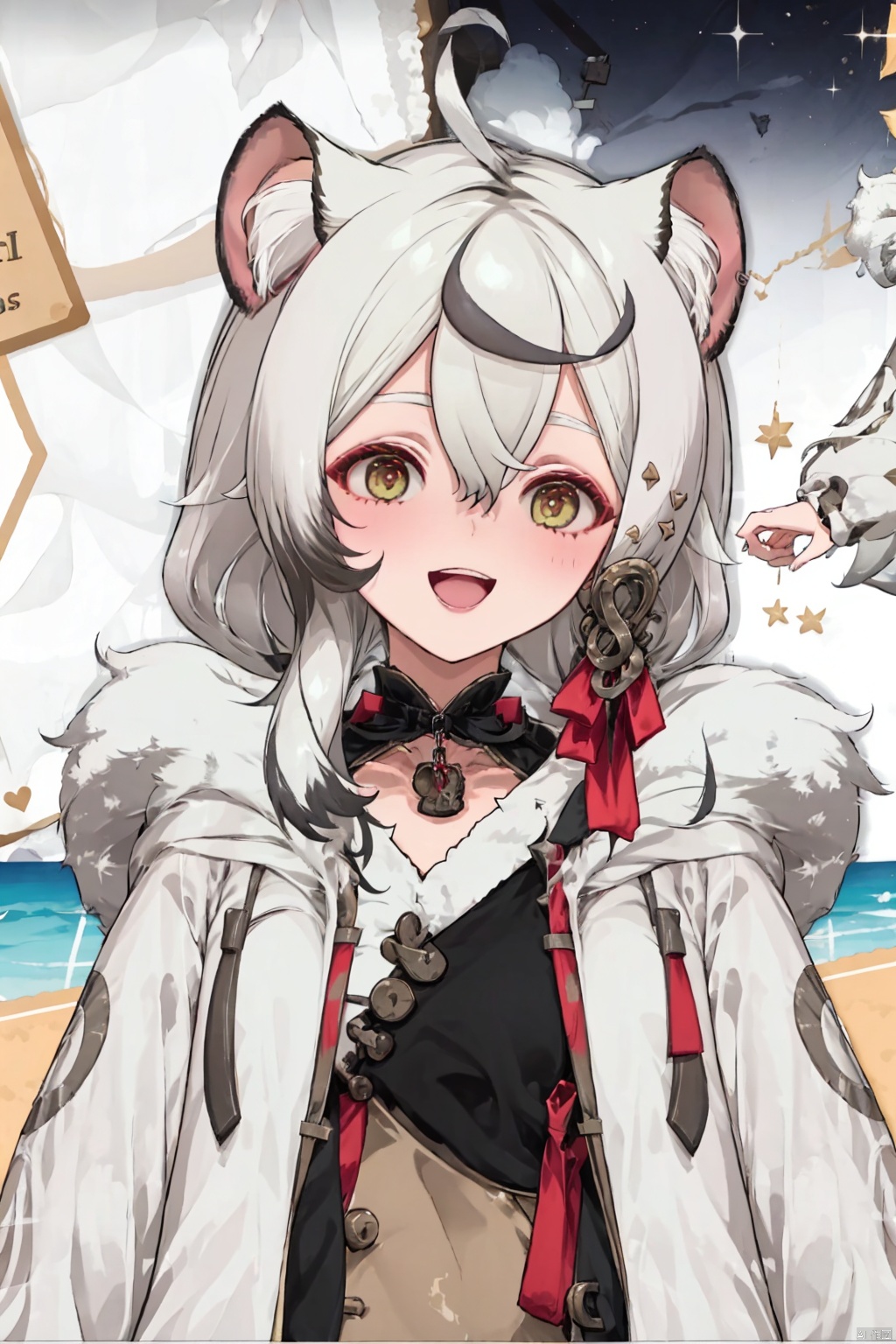 animal ears, multicolored hair, fur trim, heart, tiger ears, ahoge, black hair, symbol-shaped pupils, hair between eyes, streaked hair, smile, white hair, animal ear fluff, bangs, upper body, looking at viewer, blush, hood, heart-shaped pupils, open mouth, long hair, open clothes, coat, tiger girl, two-tone hair, fur-trimmed coat, multiple girls, 2girls, hood down, long sleeves, 1girl