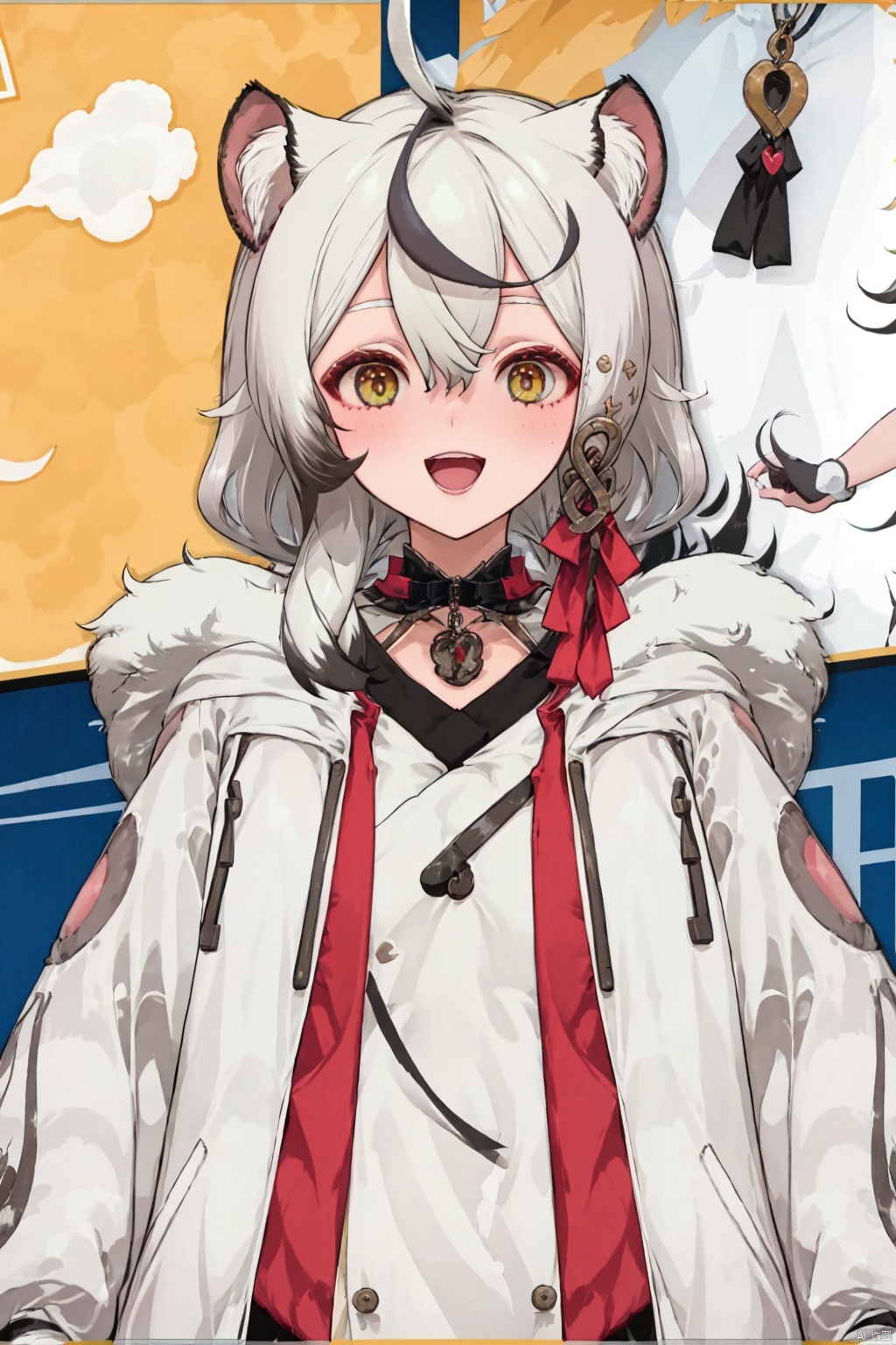 animal ears, multicolored hair, fur trim, heart, tiger ears, ahoge, black hair, symbol-shaped pupils, hair between eyes, streaked hair, smile, white hair, animal ear fluff, bangs, upper body, looking at viewer, blush, hood, heart-shaped pupils, open mouth, long hair, open clothes, coat, tiger girl, two-tone hair, fur-trimmed coat, multiple girls, 2girls, hood down, long sleeves, 1girl