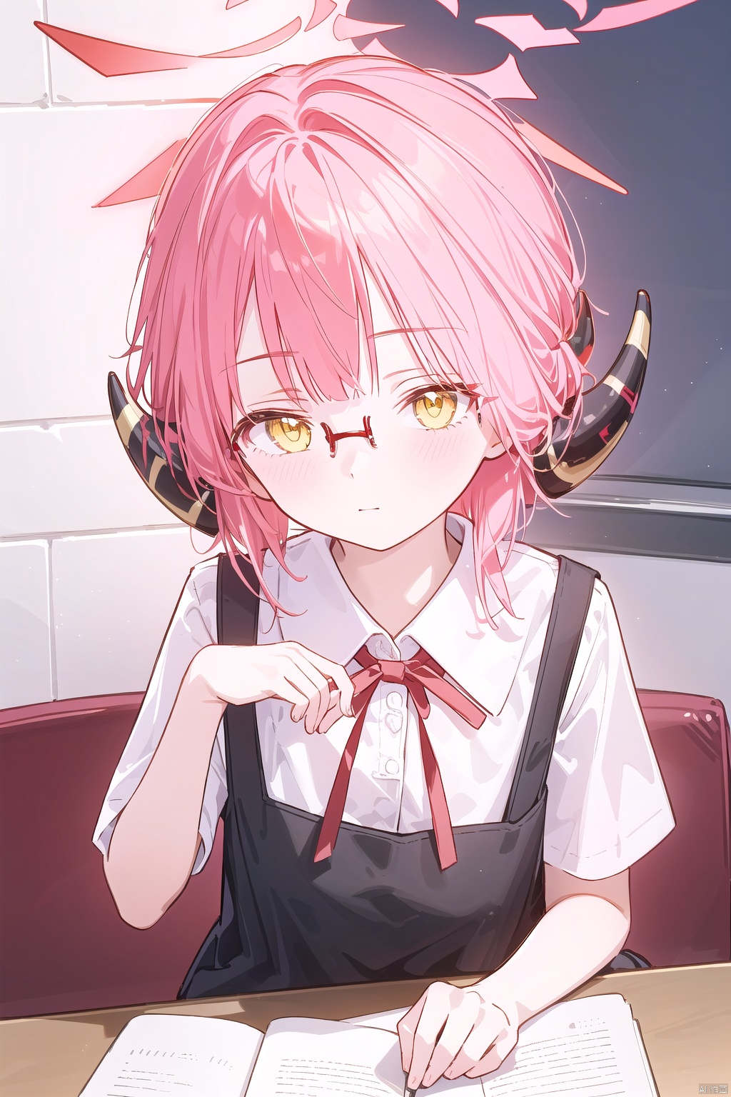  1girl,(masterpiece:1.3),( beautiful:1.2),(high quality:1.2),(finely detailed:1.2),extremely detailed CG unity 8k wallpaper,best quality,a very delicate and beautiful,perfect fingers,(one cute girl at the center:1.2),
short hair, bangs, shirt, hair ornament, ribbon, yellow eyes, white shirt, pink hair, short sleeves, red hair, horns, glasses, hairclip, collared shirt, red ribbon, neck ribbon, alternate hairstyle, halo, aged down, demon horns,alternate hair length,aru \(bluearchive\),aruYoung,
aru \(blue archive\),long hair,bangs, yellow eyes,pinkhair,horns,halo,aruBA,