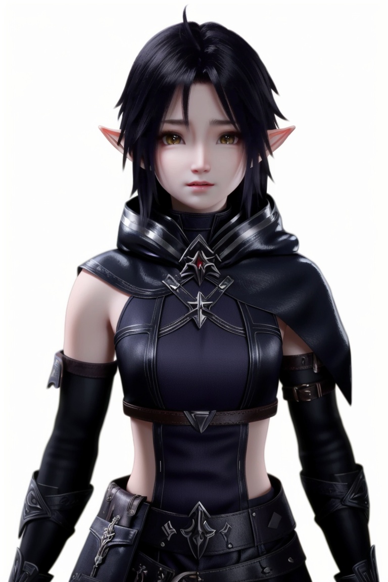 ((HRD, HUD, 8K)),((masterpiece, best quality)), highly detailed, soft light,1girl, solo, elf, pointy ears, yellow eyes, black hair, short hair, eips, belt,simple background, white background, (upper body:1.2), standing, looking at viewer,<lora:长夜开拓者琥珀_v1.0:0.7>