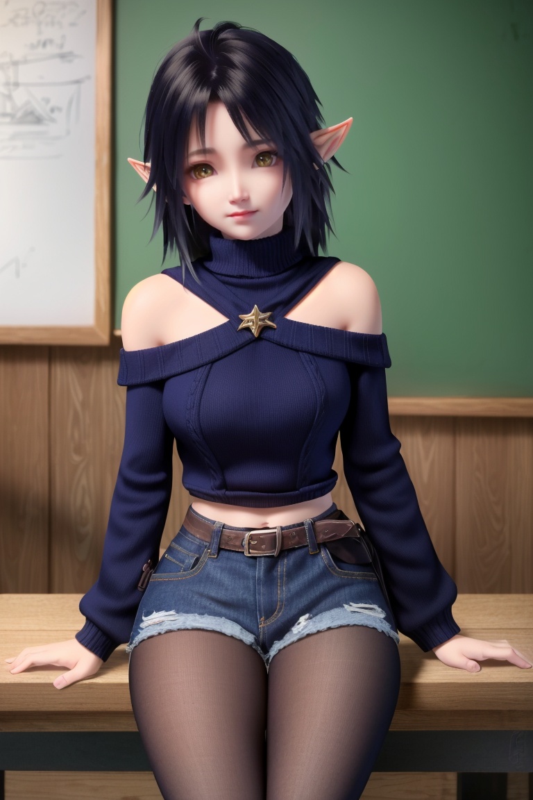((HRD, HUD, 8K)),((masterpiece, best quality)), highly detailed, soft light,1girl, solo, elf, pointy ears, yellow eyes, black hair, short hair, eips, (off-shoulder sweater:1.2), denim shorts, black pantyhose, blurry background, classroom, chalkboard, sitting, cowboy shot, looking at viewer,<lora:长夜开拓者琥珀_v1.0:0.7>