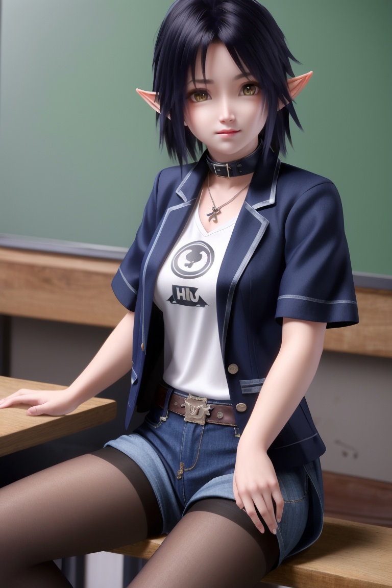 ((HRD, HUD, 8K)),((masterpiece, best quality)), highly detailed, soft light,1girl, solo, elf, pointy ears, yellow eyes, black hair, short hair, eips, (t-shirt:1.2), (blazer:1.2), denim shorts, black pantyhose, blurry background, classroom, chalkboard, sitting, cowboy shot, looking at viewer,<lora:长夜开拓者琥珀_v1.0:0.7>