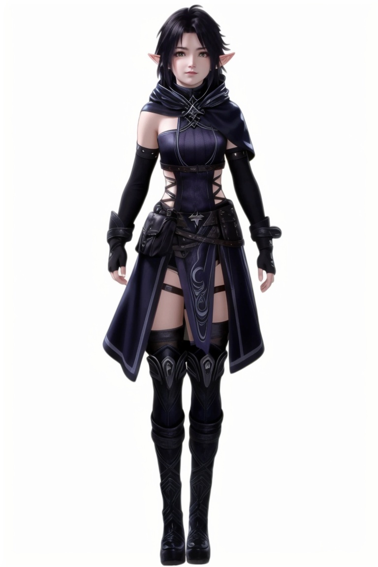 ((HRD, HUD, 8K)),((masterpiece, best quality)), highly detailed, soft light,1girl, solo, elf, pointy ears, yellow eyes, black hair, short hair, eips, gloves, fingerless gloves, elbow gloves, belt, thighhighs, boots, thigh boots,simple background, white background, full body, long legs, standing, looking at viewer,<lora:长夜开拓者琥珀_v1.0:0.72>