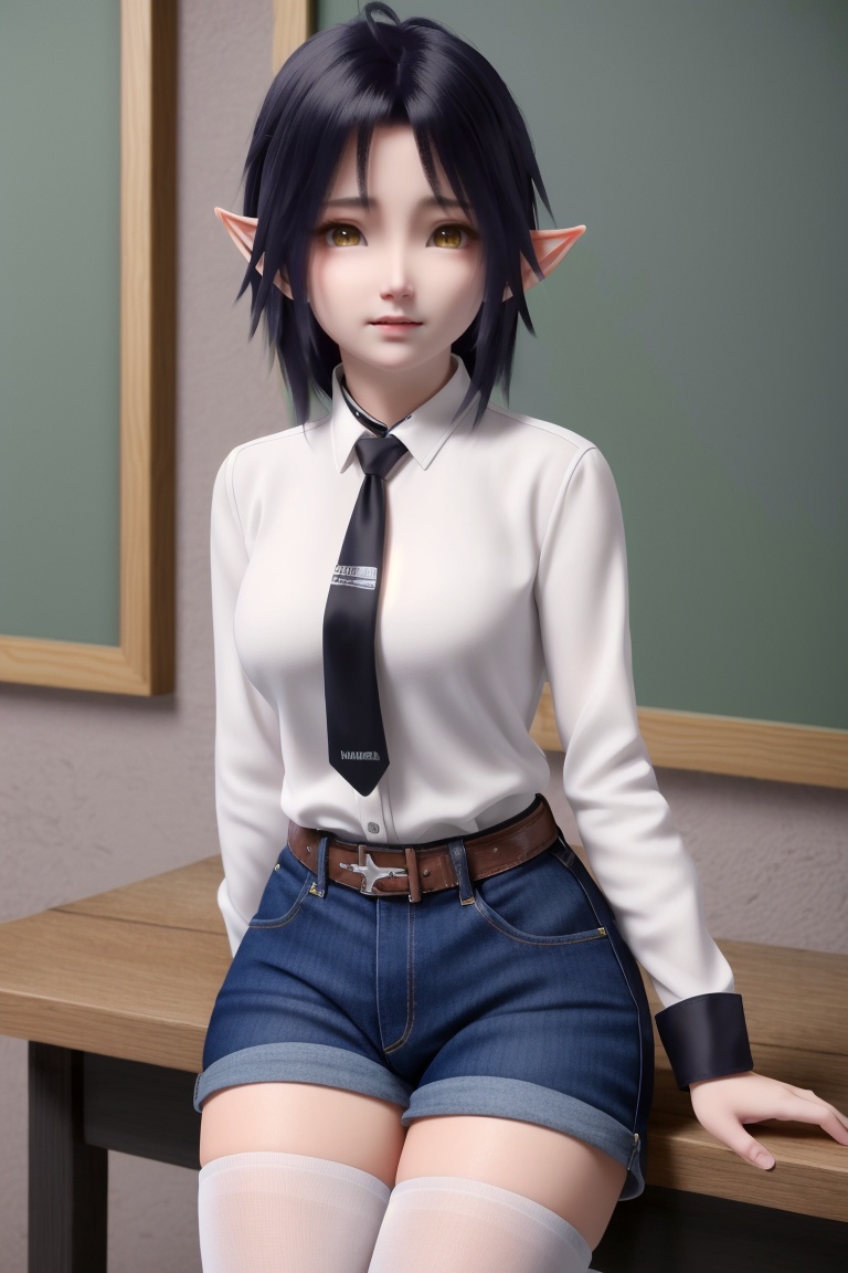 ((HRD, HUD, 8K)),((masterpiece, best quality)), highly detailed, soft light,1girl, solo, elf, pointy ears, yellow eyes, black hair, short hair, eips, (white shirt:1.2), necktie, denim shorts, black pantyhose,blurry background, classroom, chalkboard, sitting, cowboy shot, looking at viewer, <lora:20240327-1711550230751:0.7>