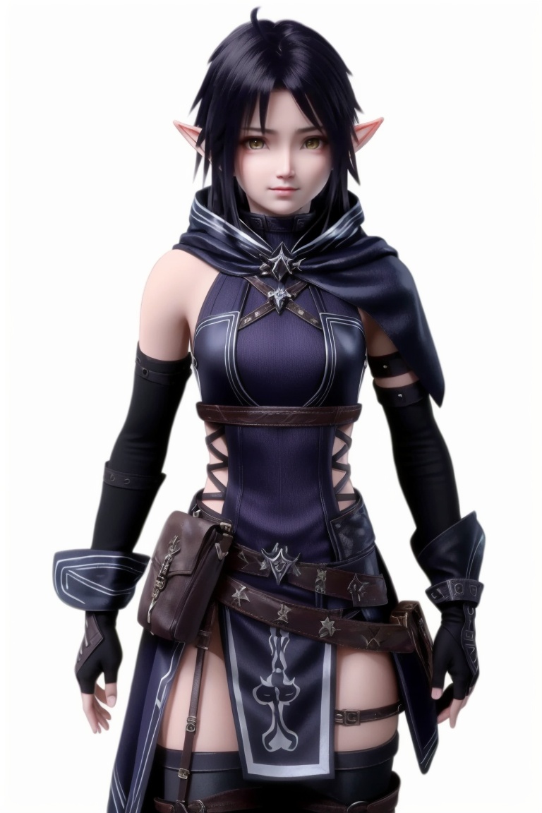 ((HRD, HUD, 8K)),((masterpiece, best quality)), highly detailed, soft light,1girl, solo, elf, pointy ears, yellow eyes, black hair, short hair, eips, gloves, fingerless gloves, elbow gloves, belt, thighhighs,simple background, white background, cowboy shot, standing, looking at viewer,  <lora:20240327-1711550230751:0.72>