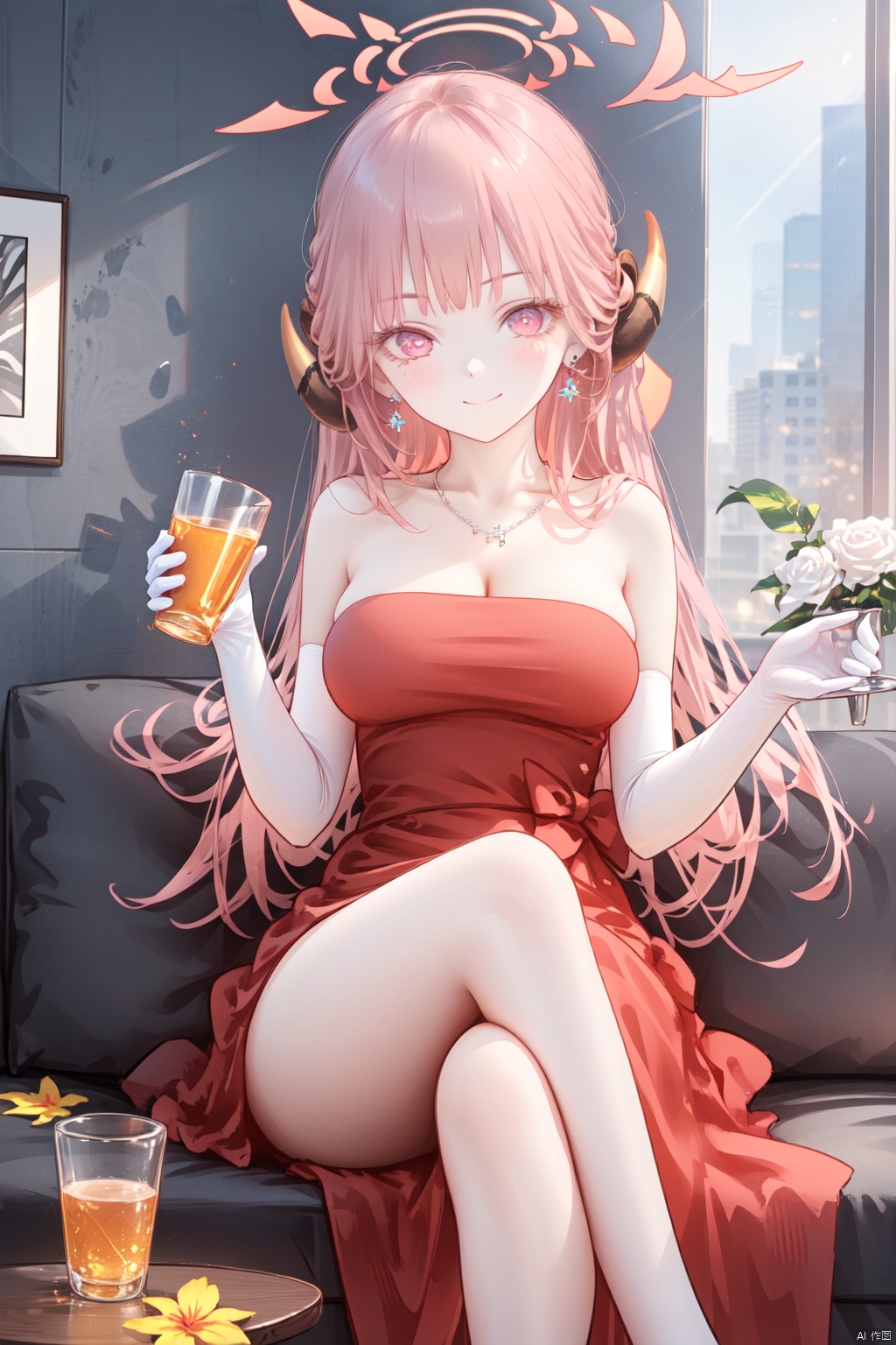  1girl,(masterpiece:1.3),( beautiful:1.2),(high quality:1.2),(finely detailed:1.2),extremely detailed CG unity 8k wallpaper,best quality,a very delicate and beautiful,perfect fingers,(one cute girl at the center:1.2), looking_at_viewer, blush, smile, mouth_open, sunlight, indoors,
1girl, solo, long hair, breasts, looking at viewer, blush, smile, bangs, large breasts, gloves, dress, holding, cleavage, jewelry, sitting, closed mouth, pink hair, thighs, earrings, horns, elbow gloves, indoors, white gloves, pink eyes, necklace, cup, bare legs, strapless, halo, red dress, table, crossed legs, couch, holding cup, drinking glass, aruDress, aruBA