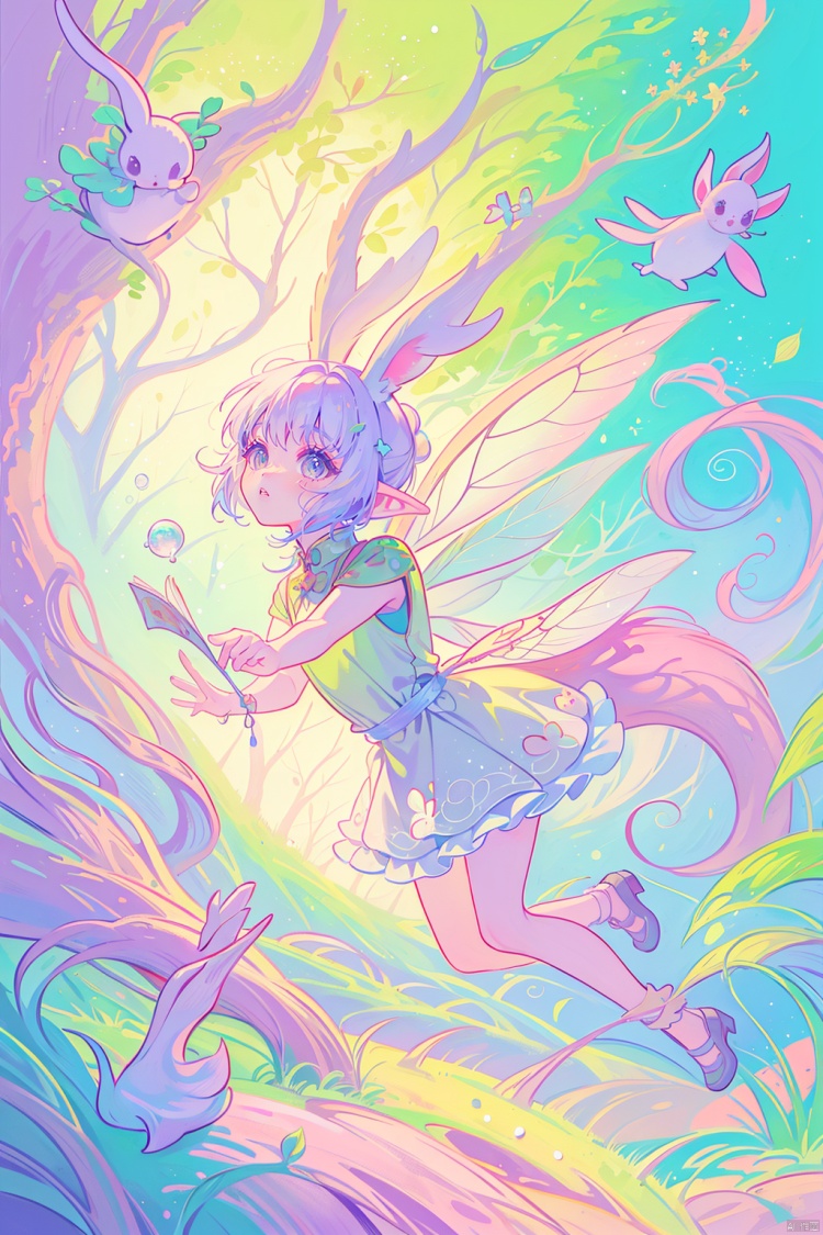  1 colorful fairy tale world, 2 forest, 3 fairy tale story, 4 elf girl, 5 magical atmosphere, 6 vibrant colors, 7 whimsical trees, 8 enchanting mushrooms, 9 sparkling streams, 10 floating butterflies, 11 glowing flowers, 12 ethereal lighting, 13 dreamy clouds, 14 fantastical creatures, 15 detailed foliage, 16 soft pastel tones, 17 cartoonish proportions, 18 playful squirrels, 19 curious deer, 20 animated birds, (fairy dust:1.4), (animated leaves:1.2), (storybook narrative:1.3), (childlike wonder:1.5), (enchanted pathway:1.1), (magic wand:1.2), (bubbles:1.3), (frolicking rabbits:1.4), (cute animals:1.5).