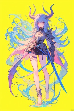  A girl, full body photo, pink hair, blue hair, pink eyes, light blue background, yellow background, armor, horns,Long legs, barefoot,