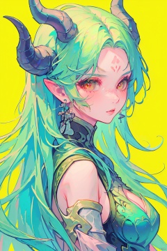 1girl, solo, long hair, breasts, looking at viewer, bangs, simple background, bare shoulders, jewelry, medium breasts, closed mouth, full body, earrings, green hair, wings, horns, pointy ears, pink eyes, from side, parted bangs, facial mark, yellow background, green background, multicolored eyes, forehead mark