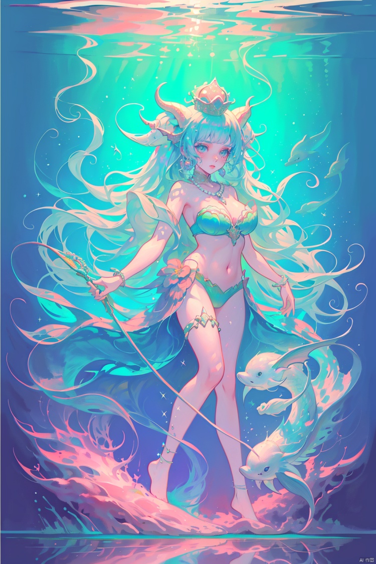  1 mermaid queen, regal, beautiful, voluptuous figure, long flowing green hair with pearls intertwined, sparkling scales, (crown:1.4) made of coral and shells, aquamarine eyes, (glistening tail:1.5) with iridescent patterns, surrounded by sea life, holding trident, (seashell bra:1.2), seashell earrings, (necklace of pearls:1.3), underwater palace in the distance, colorful coral reefs, bioluminescent jellyfish, shimmering schools of fish, (anemones:1.1) swaying in the current, (dolphins:1.2) swimming nearby, (octopus:1.1) as pet, detailed marine environment, crystal clear water, (reflections on water:1.3), soft ambient lighting, (underwater caverns:1.2), (ethereal glow:1.4), realistic rendering, dynamic pose, cinematic composition, (HDR:1.5).